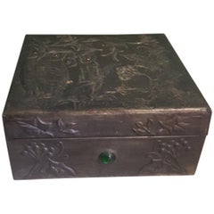 Arts & Crafts Hand-Hammered Pewter Box with Owls and signed M L H, circa 1900