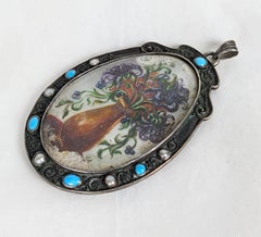 Arts and Crafts Hand Painted Pendant, Turquoise and Pearls