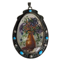 Arts and Crafts Hand Painted Pendant, Turquoise and Pearls