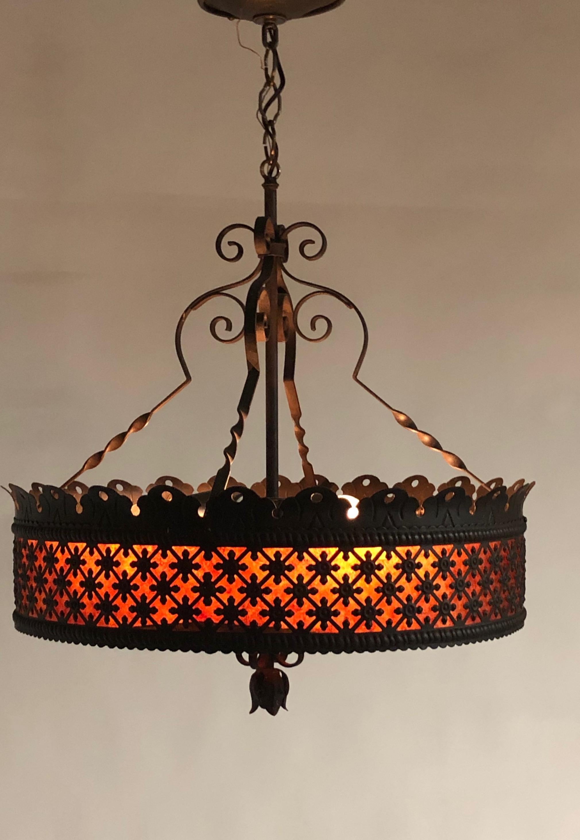Arts and Crafts Arts & Crafts Handwrought Iron and Mica Chandelier