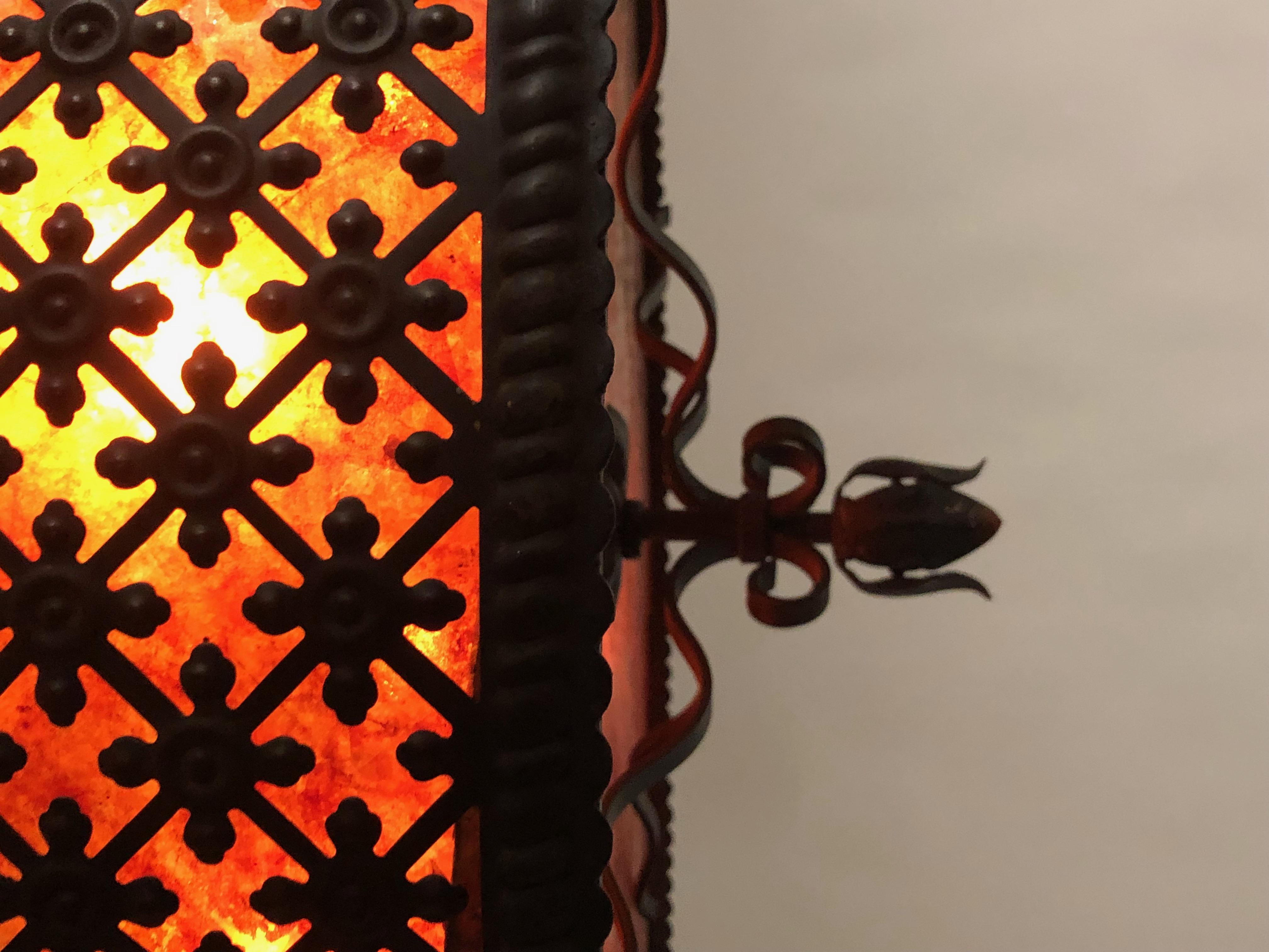Arts & Crafts Handwrought Iron and Mica Chandelier In Excellent Condition In San Francisco, CA