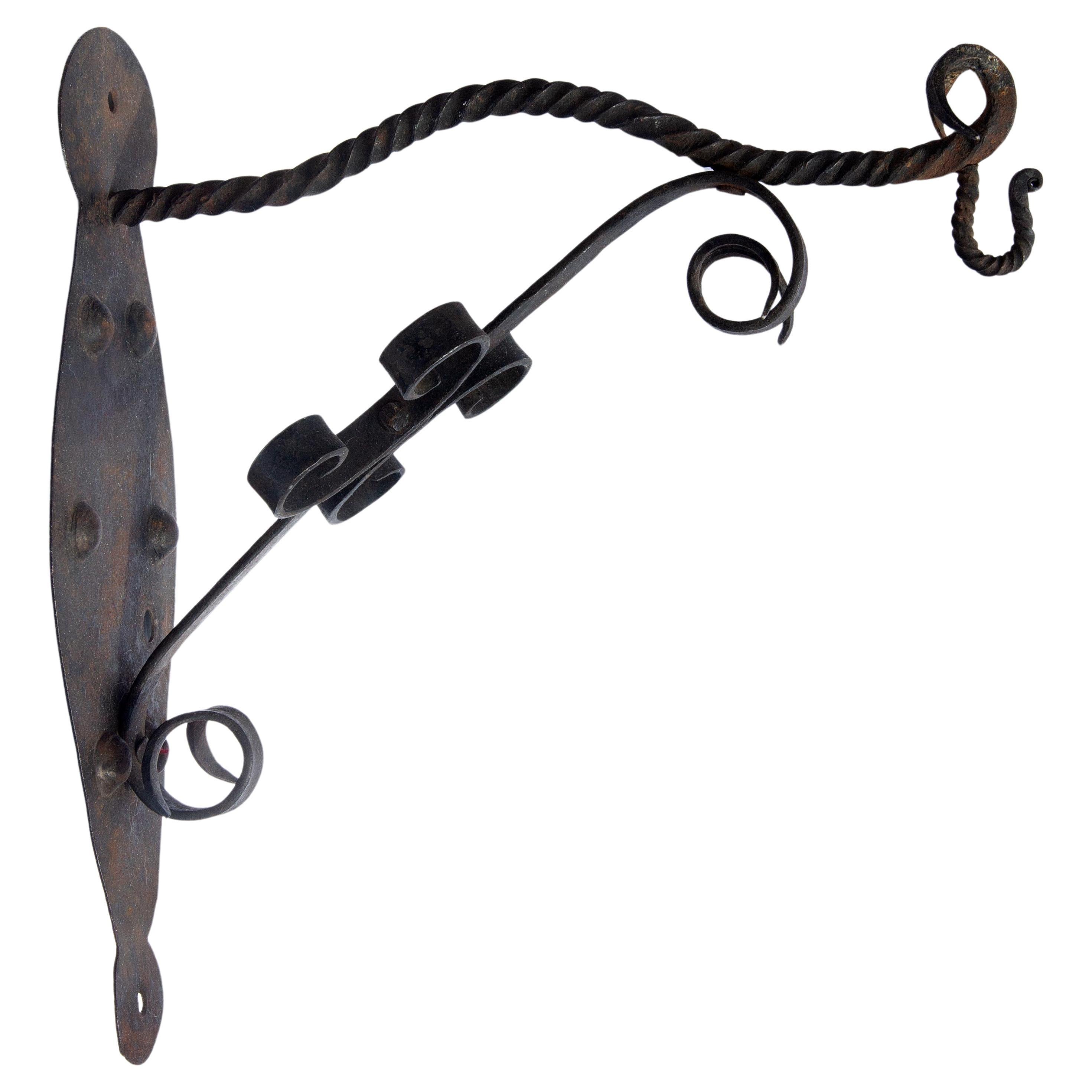 Hand-Crafted Arts and Crafts Hand Wrought Iron Light or Plant Bracket For Sale