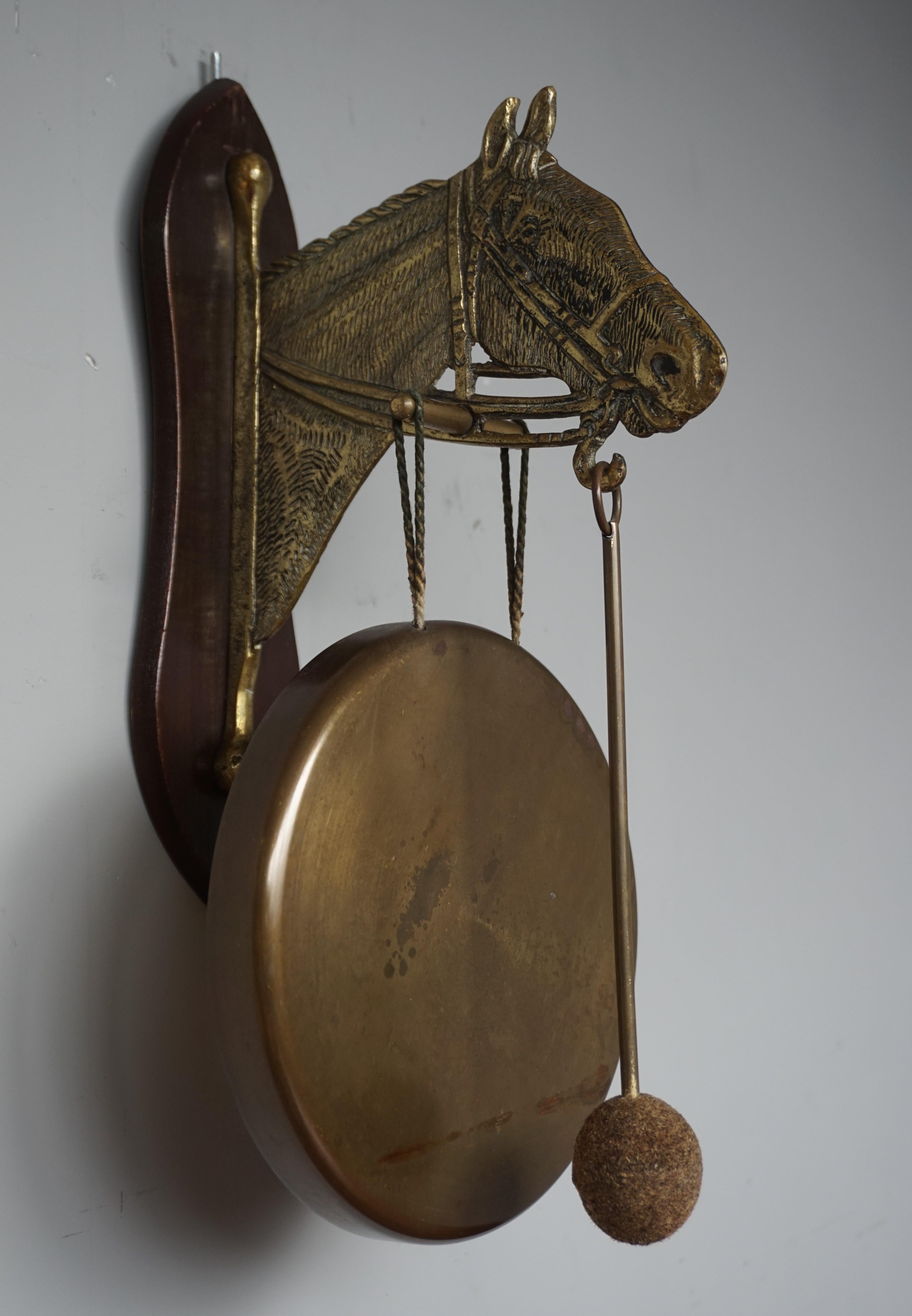 Brass Arts and Crafts House Gong for Wall Mounting w. Bronze Horse Sculpture ca. 1920