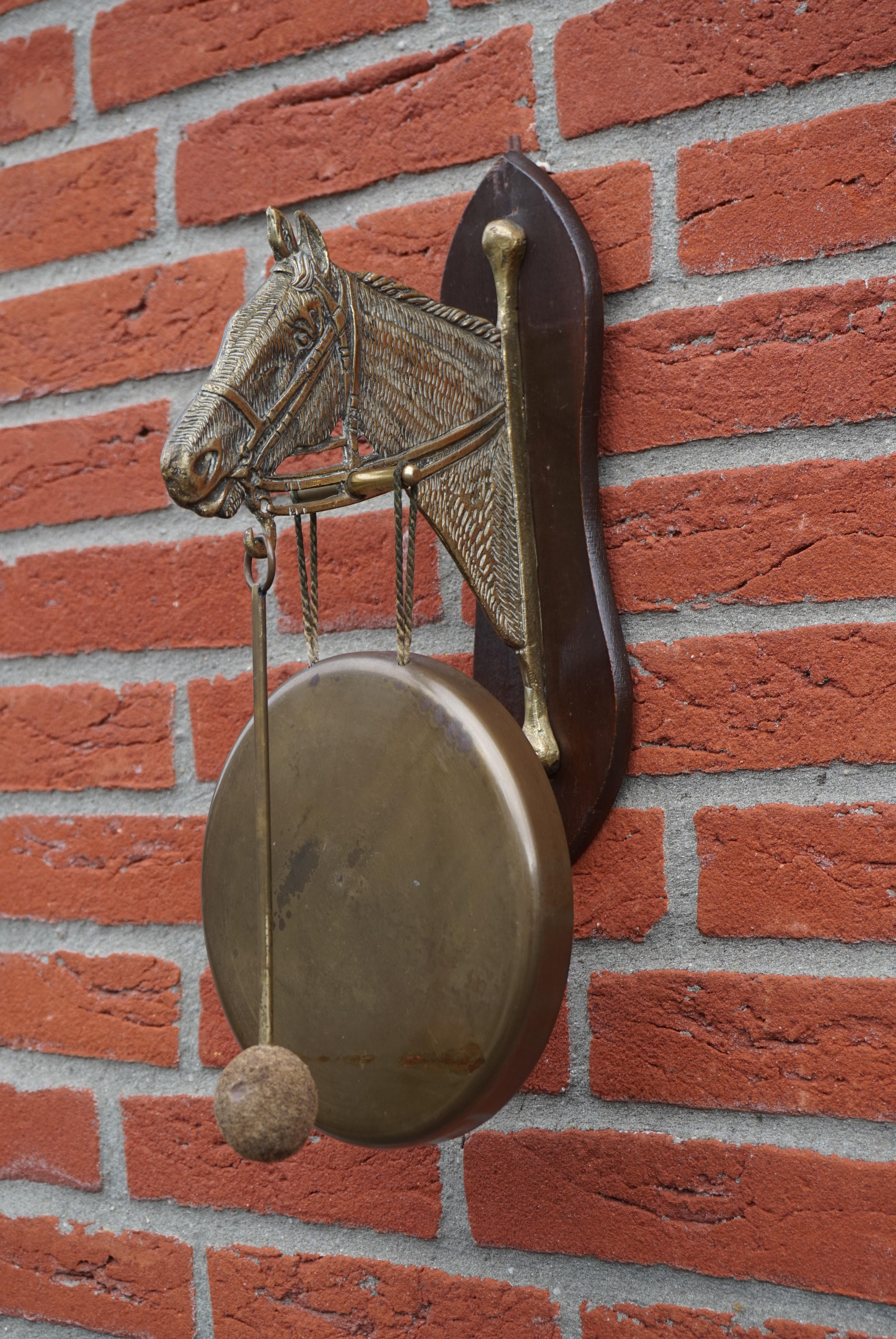 Arts and Crafts House Gong for Wall Mounting w. Bronze Horse Sculpture ca. 1920 2
