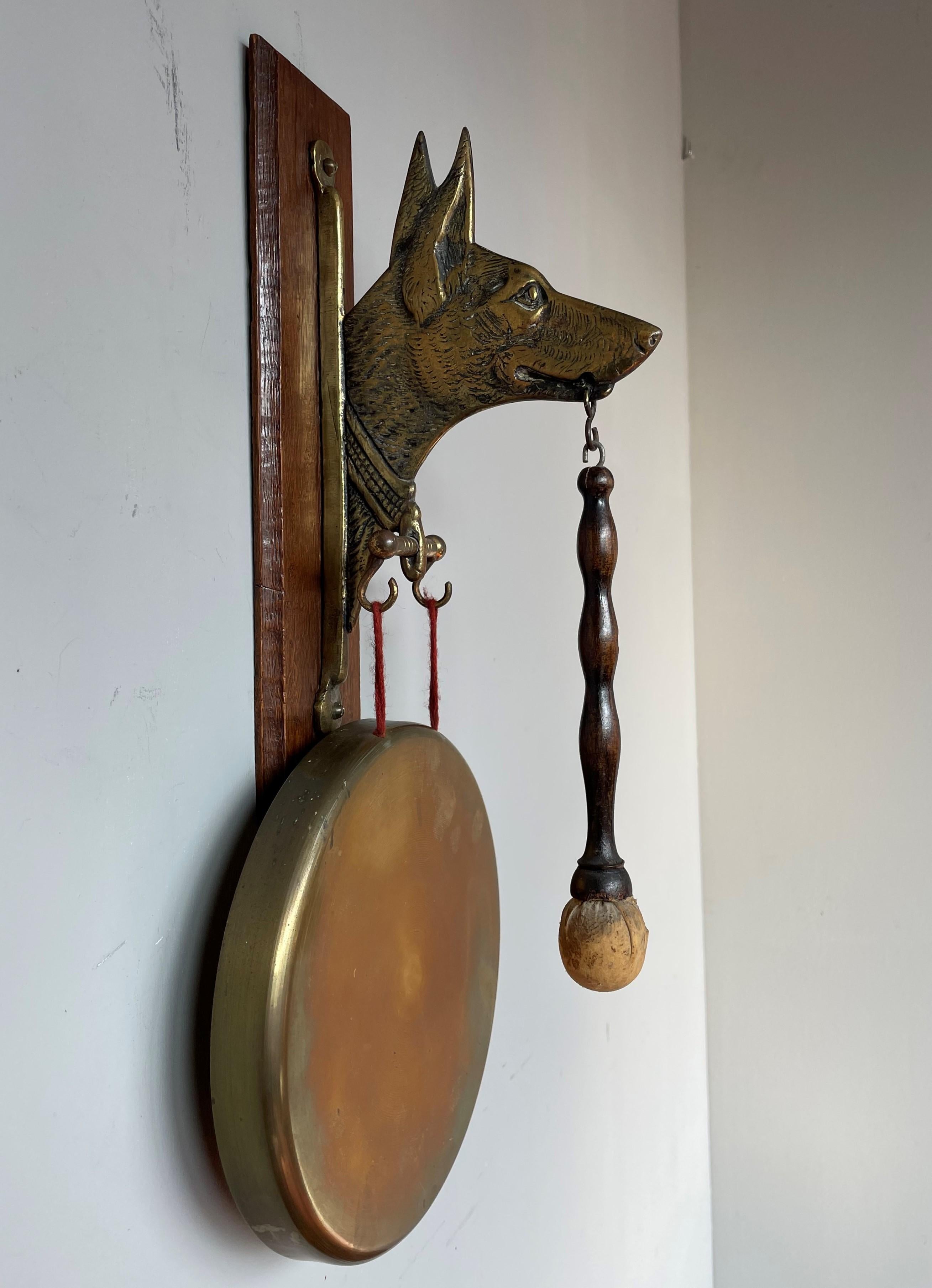 Brass Arts & Crafts House Gong for Wall Mounting with Bronze Sheepdog Sculpture, 1920
