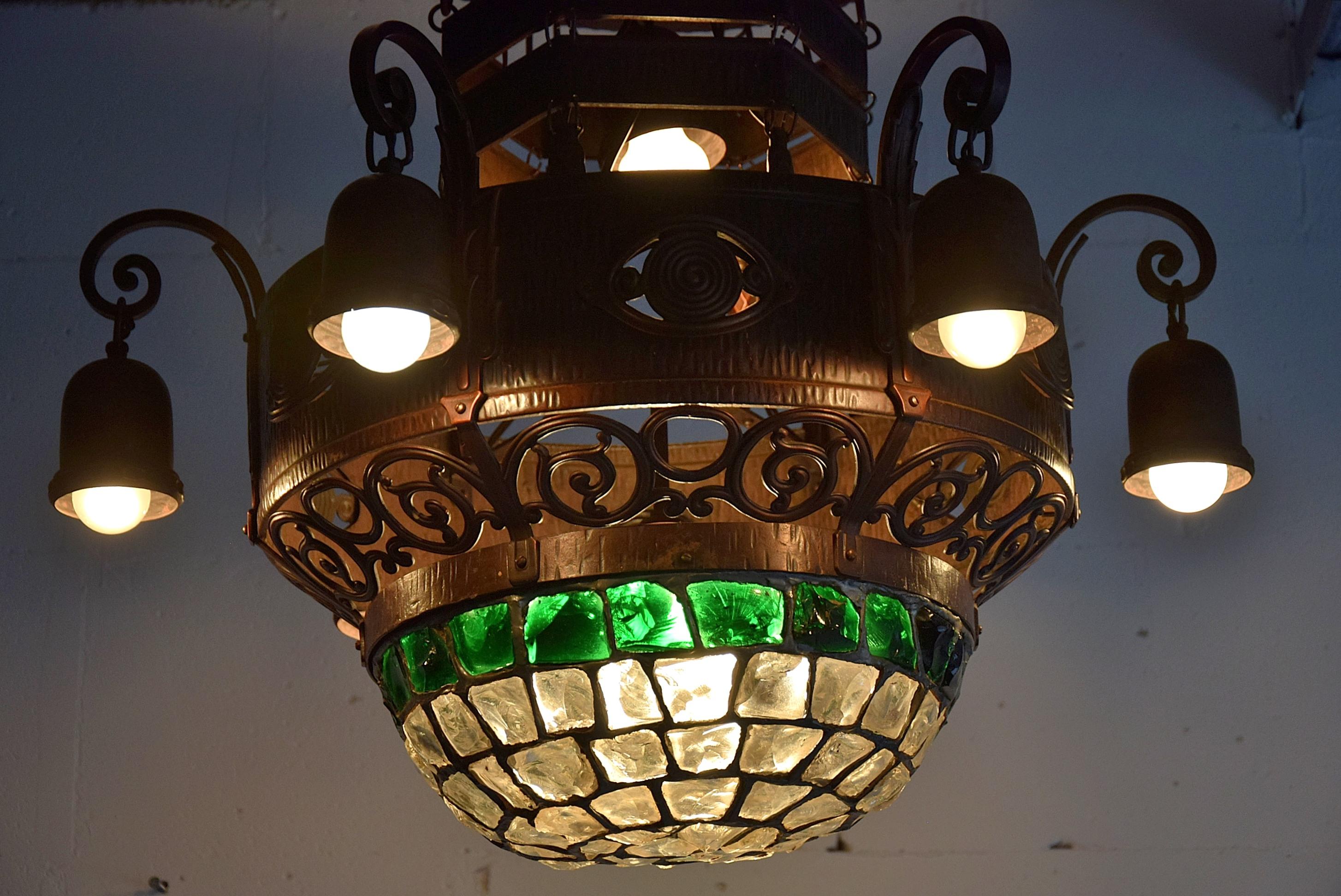 Art Nouveau Jugendstil Austrian Glass and Brass Ceiling Lamp For Sale 4