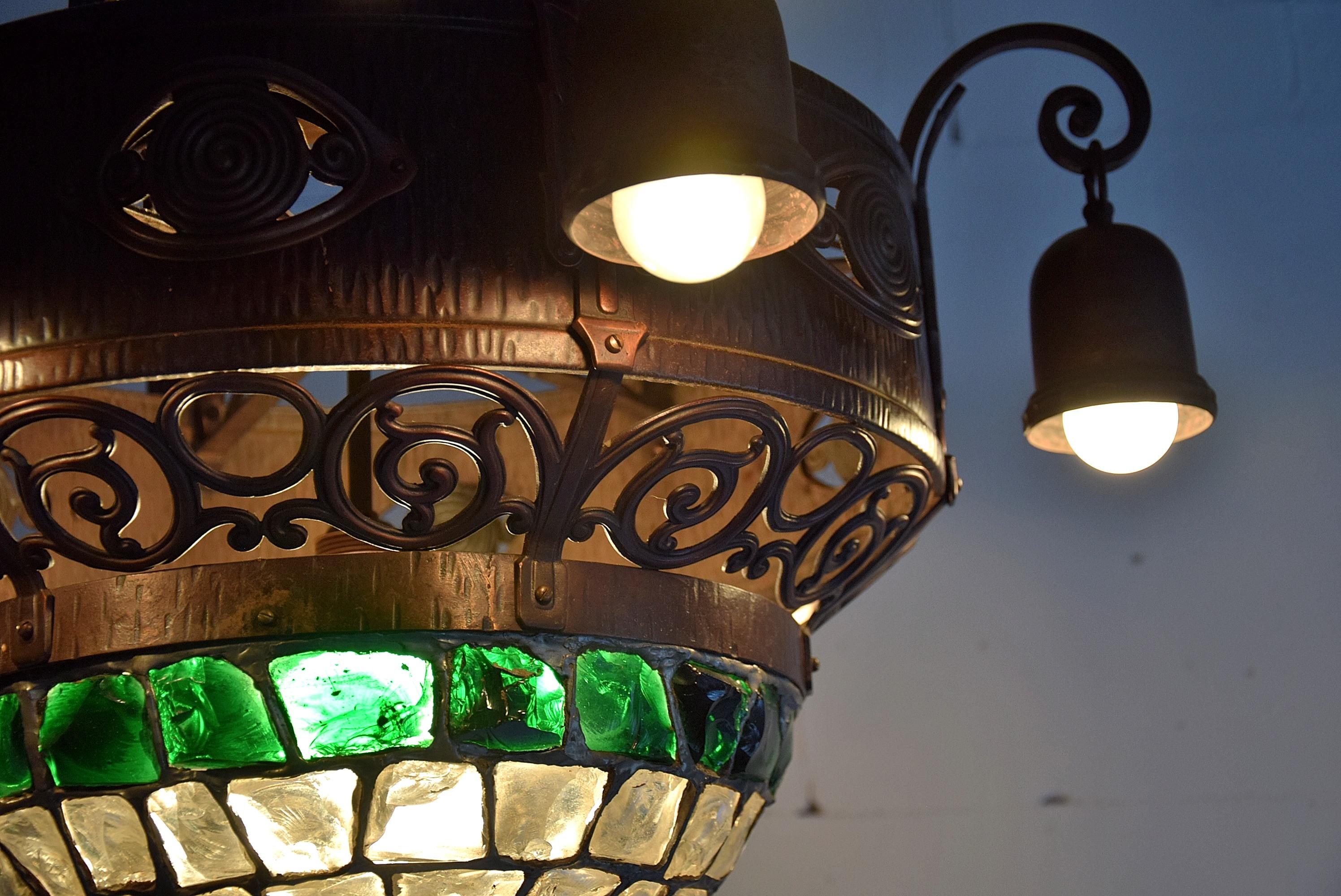 Art Nouveau Jugendstil Austrian Glass and Brass Ceiling Lamp For Sale 5