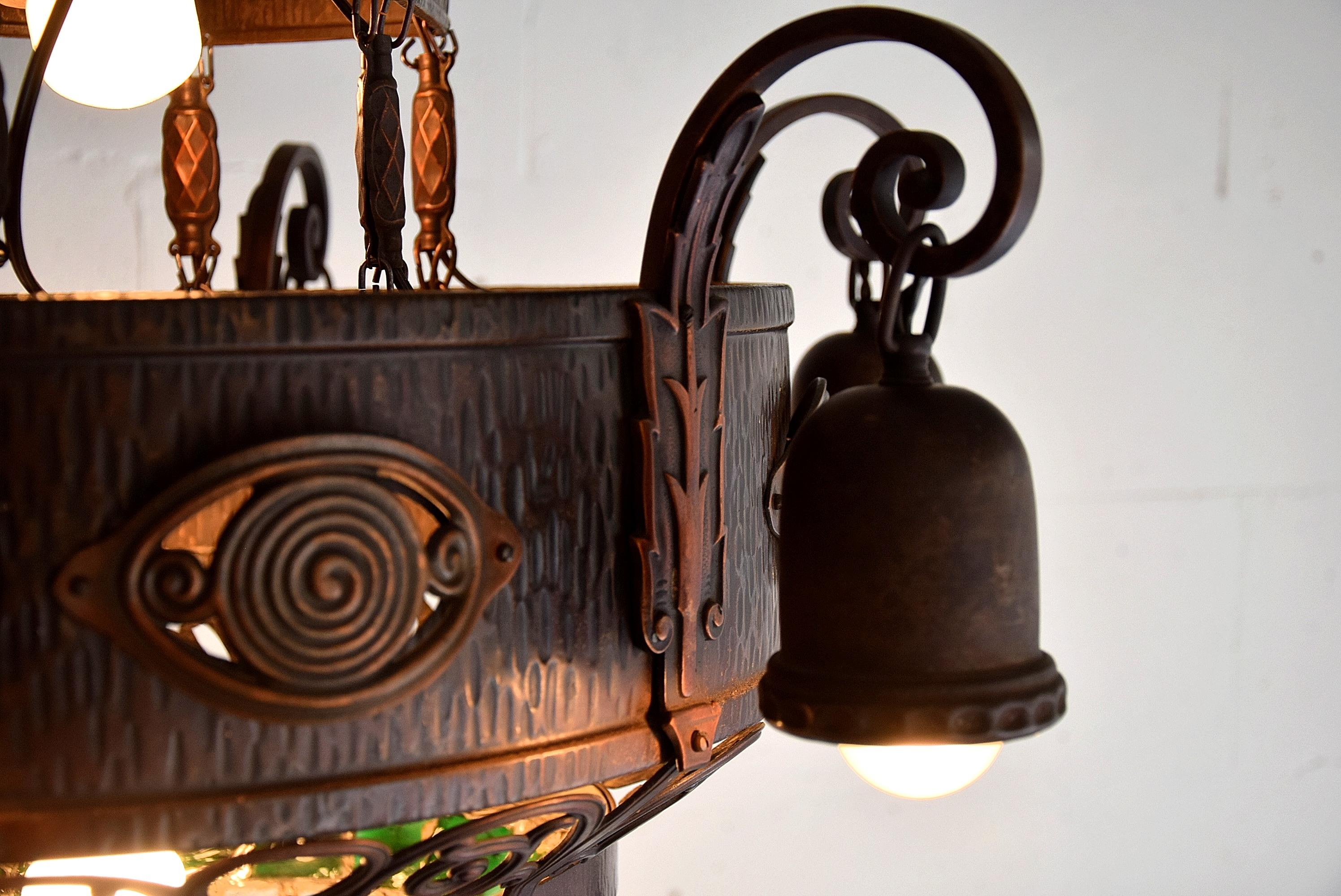 Art Nouveau Jugendstil Austrian Glass and Brass Ceiling Lamp For Sale 6
