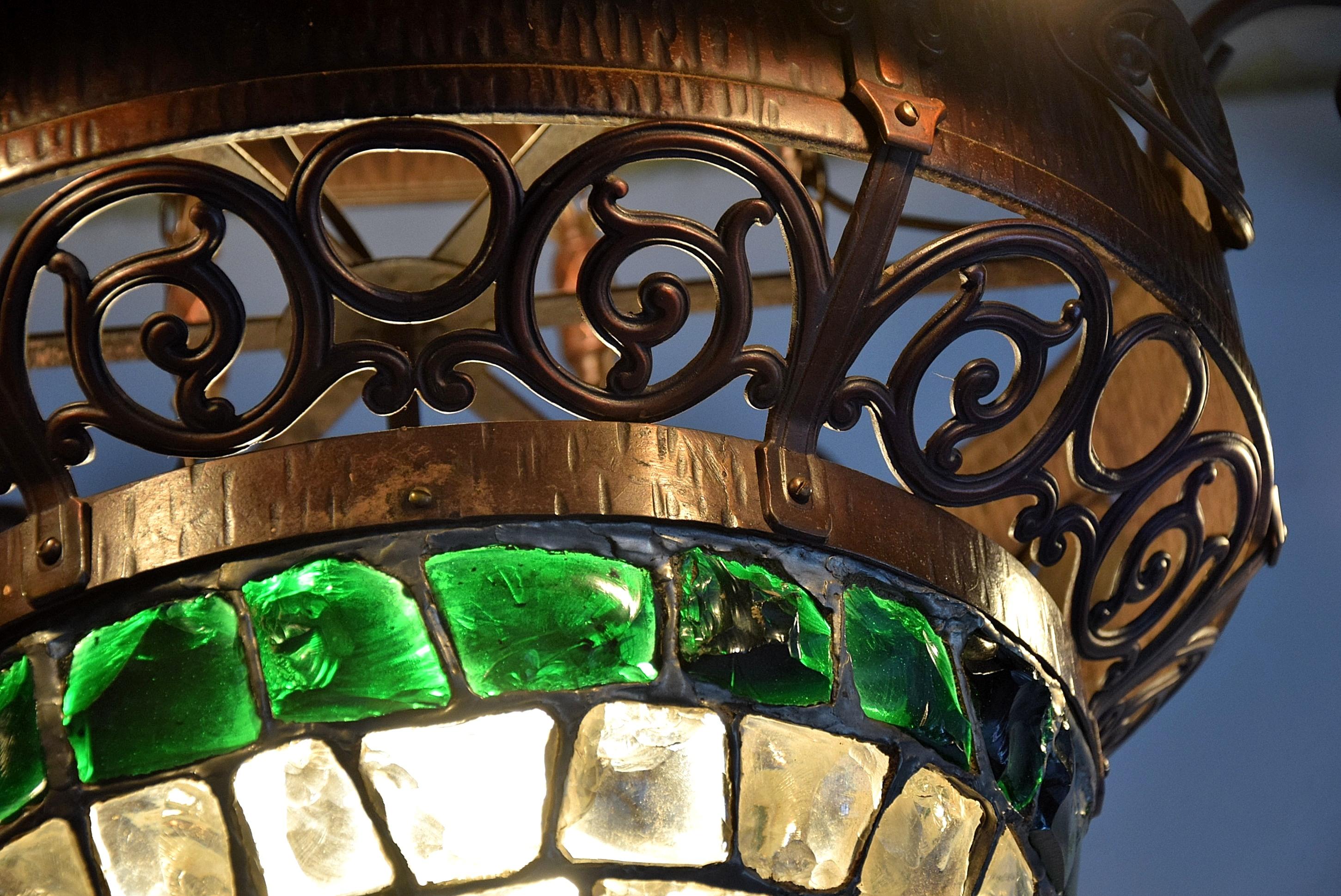 Art Nouveau Jugendstil Austrian Glass and Brass Ceiling Lamp For Sale 2