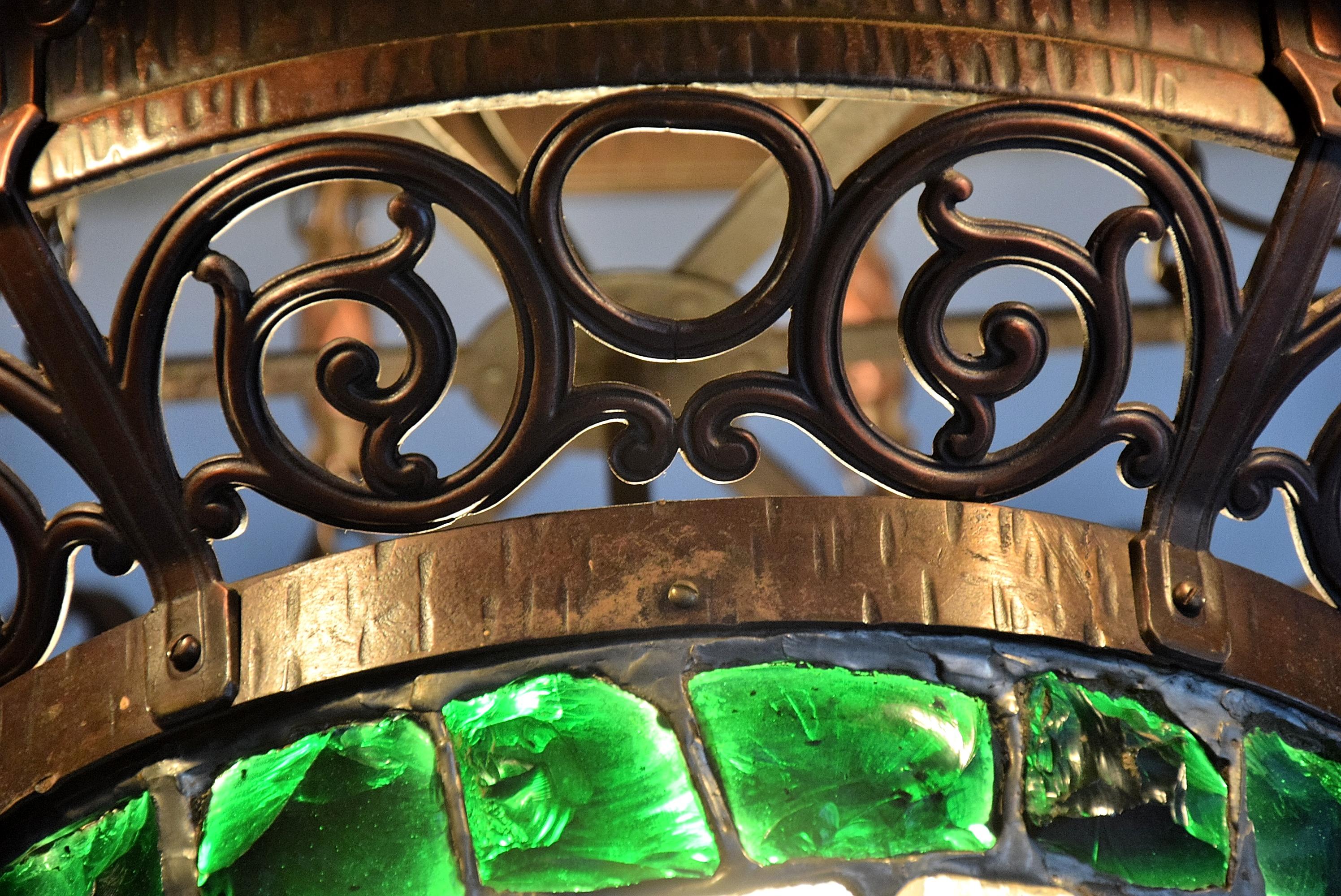 Art Nouveau Jugendstil Austrian Glass and Brass Ceiling Lamp For Sale 3