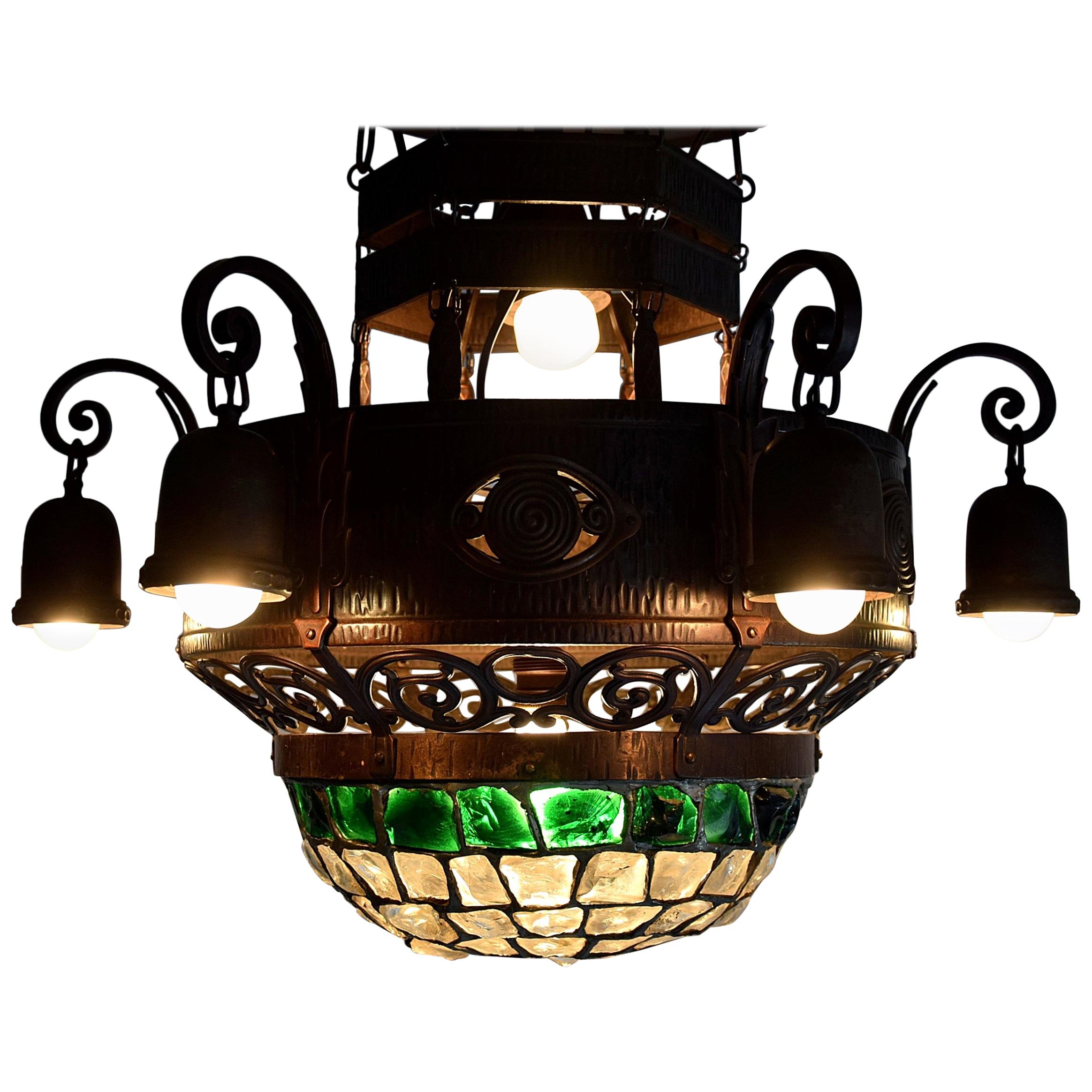 Art Nouveau Jugendstil Austrian Glass and Brass Ceiling Lamp