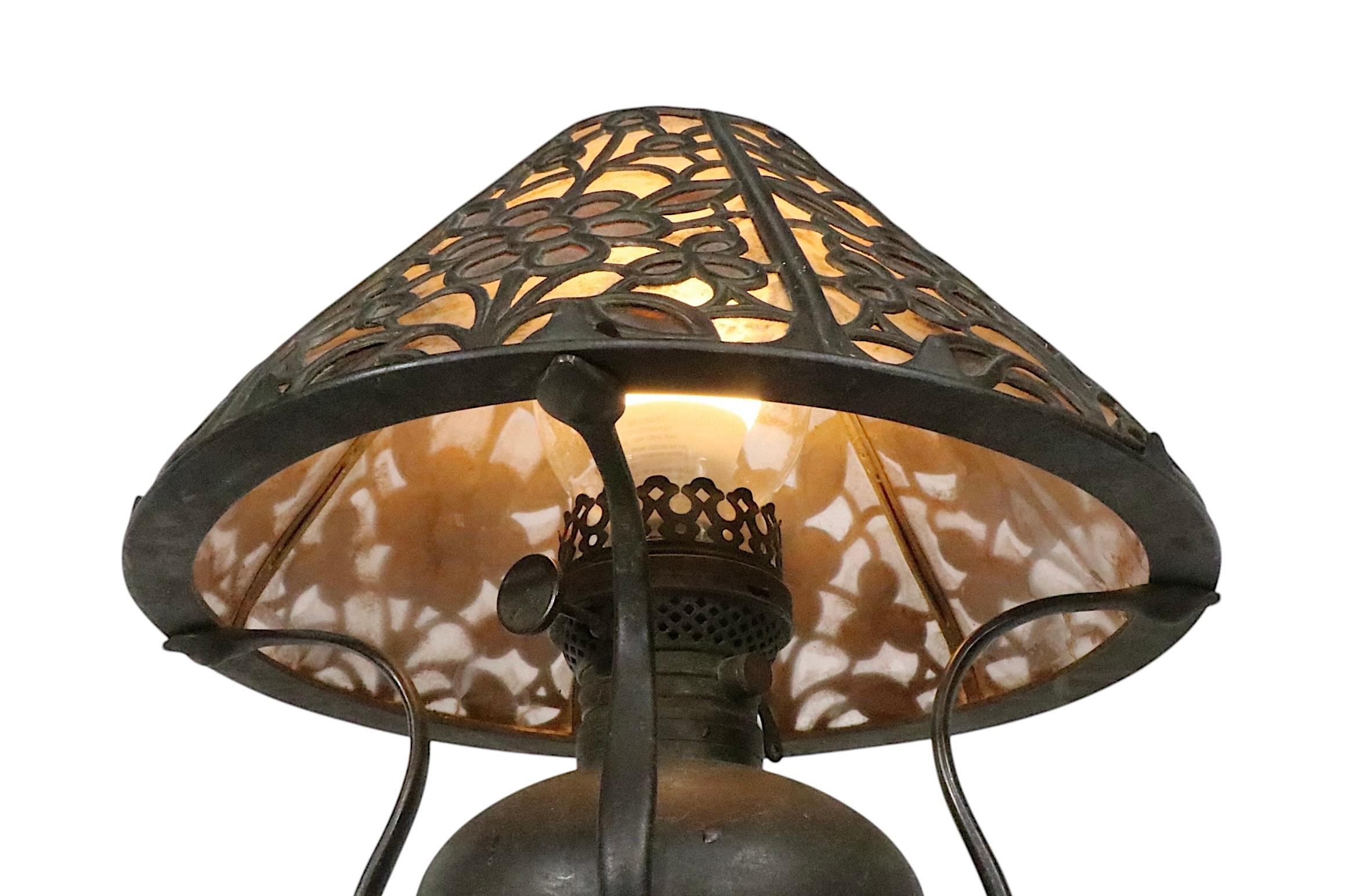 Arts and Crafts Kerosene Table Bronze Lamp with Mica Shade by Bradley & Hubbard For Sale 5