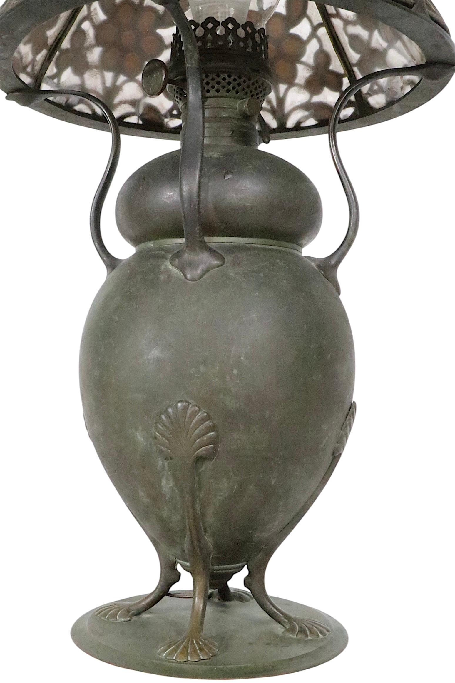Arts and Crafts Kerosene Table Bronze Lamp with Mica Shade by Bradley & Hubbard For Sale 7