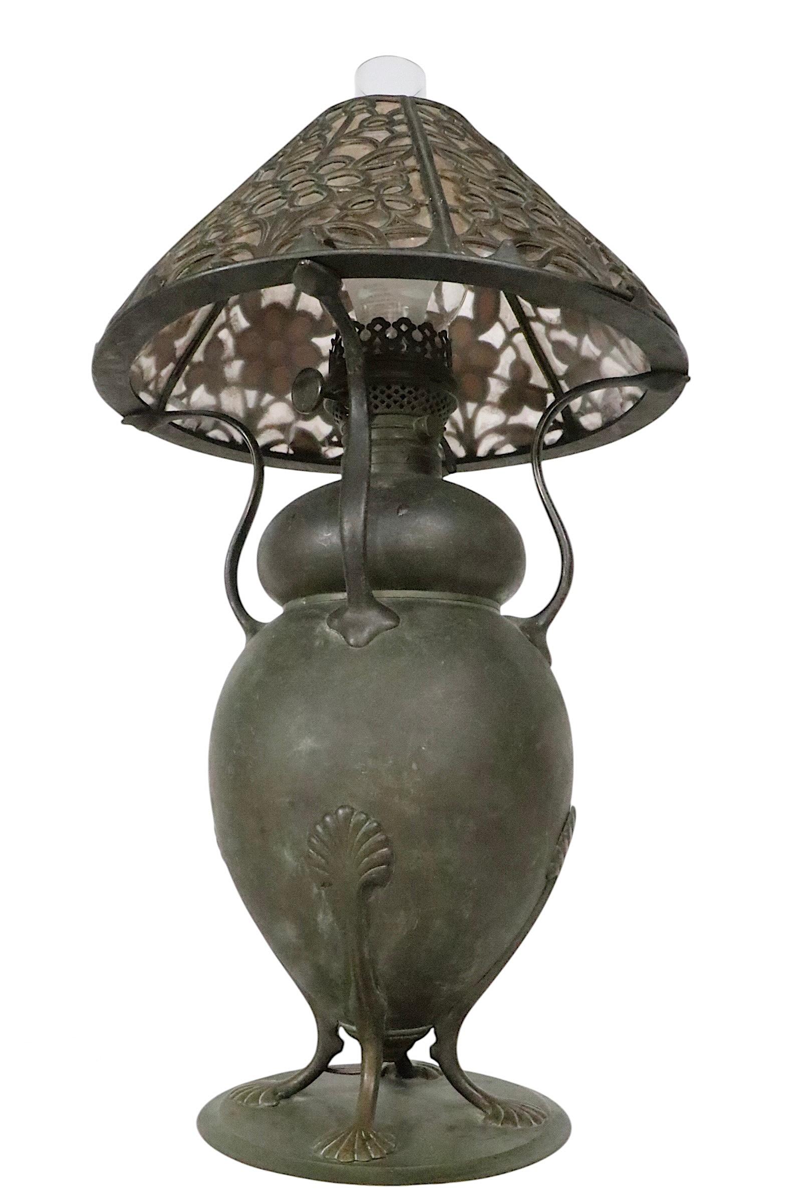 Arts and Crafts Kerosene Table Bronze Lamp with Mica Shade by Bradley & Hubbard For Sale 8