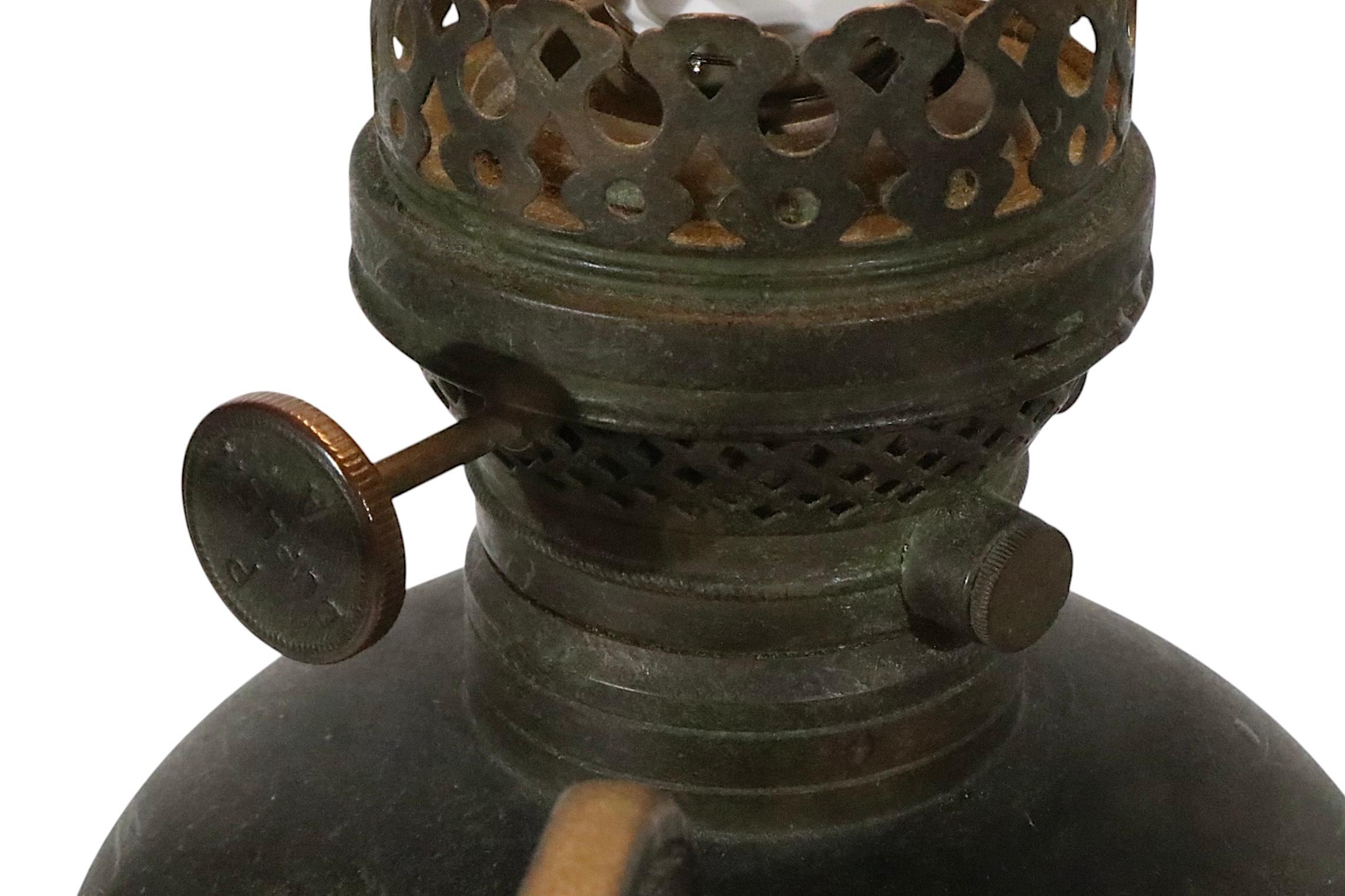 Arts and Crafts Kerosene Table Bronze Lamp with Mica Shade by Bradley & Hubbard For Sale 9