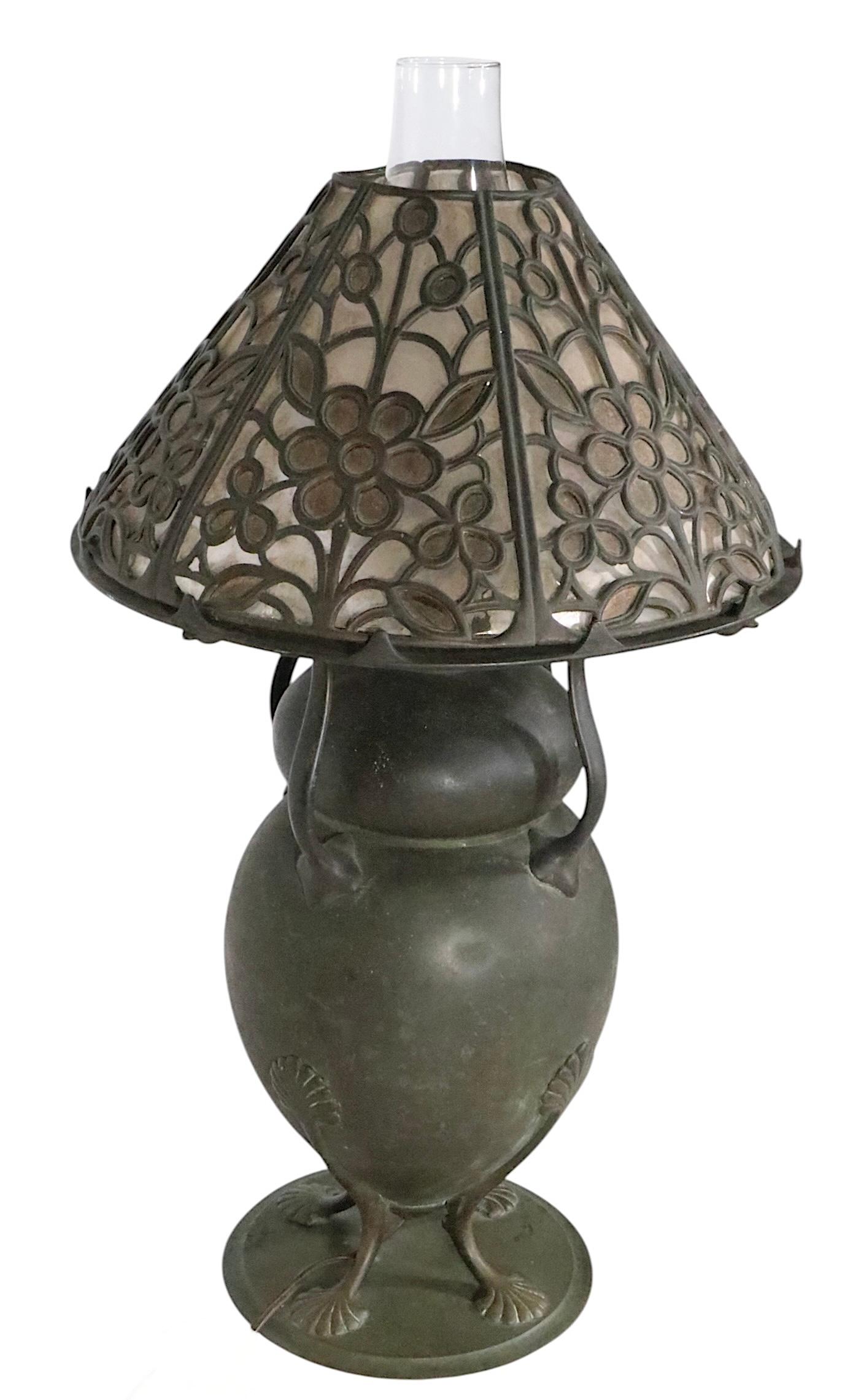 Arts and Crafts Kerosene Table Bronze Lamp with Mica Shade by Bradley & Hubbard For Sale 12