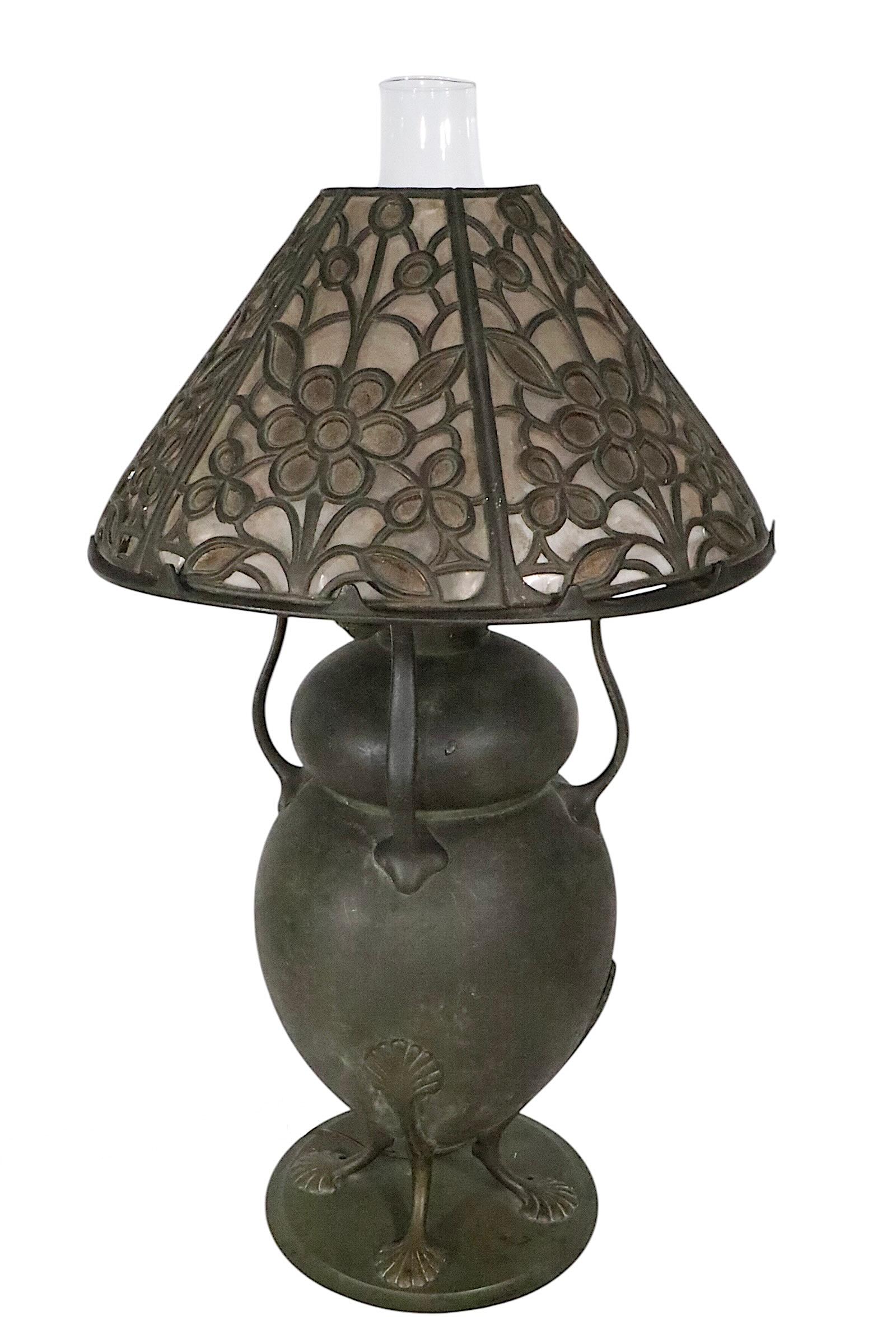 Arts and Crafts Kerosene Table Bronze Lamp with Mica Shade by Bradley & Hubbard For Sale 14