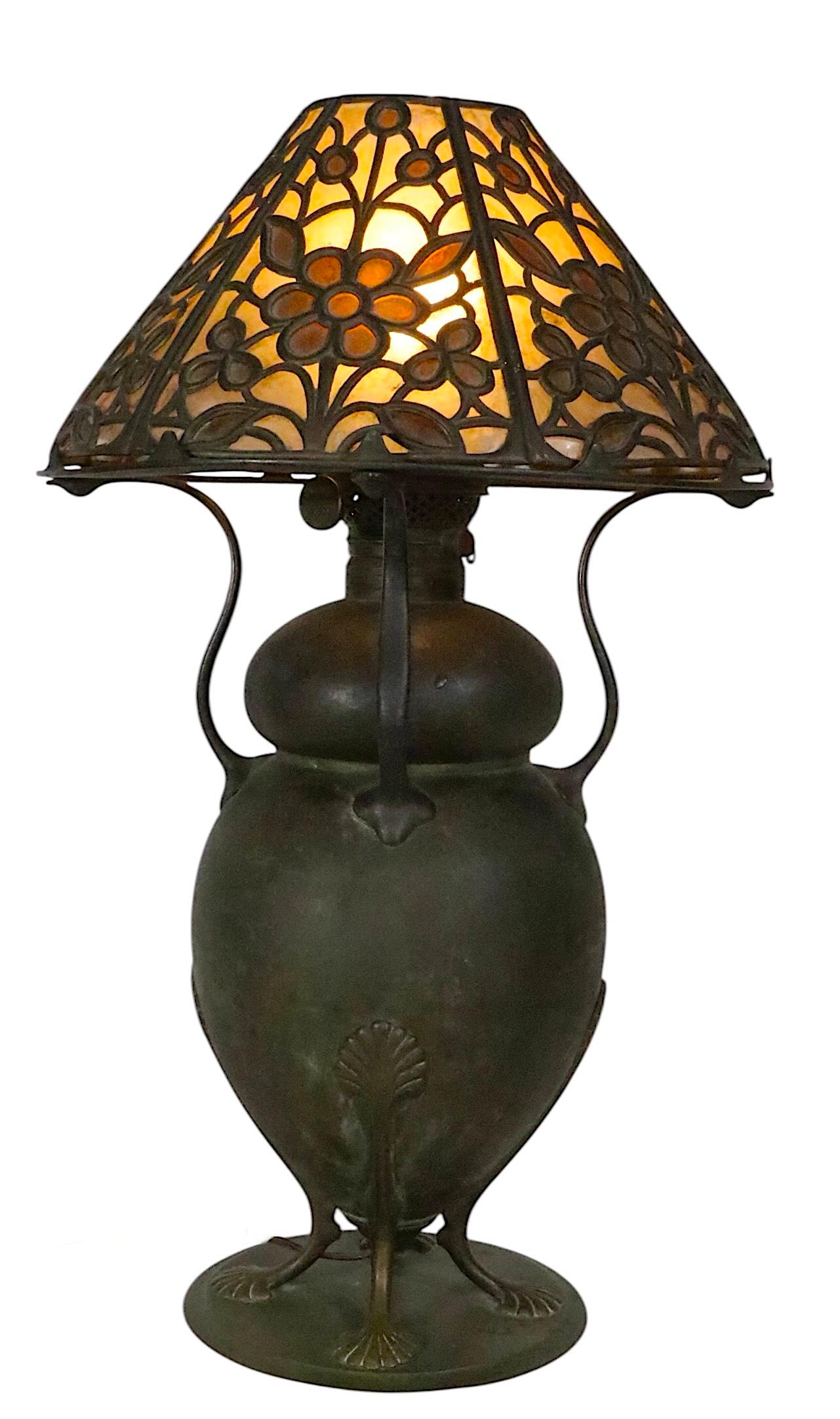 Arts and Crafts Kerosene Table Bronze Lamp with Mica Shade by Bradley & Hubbard For Sale 15