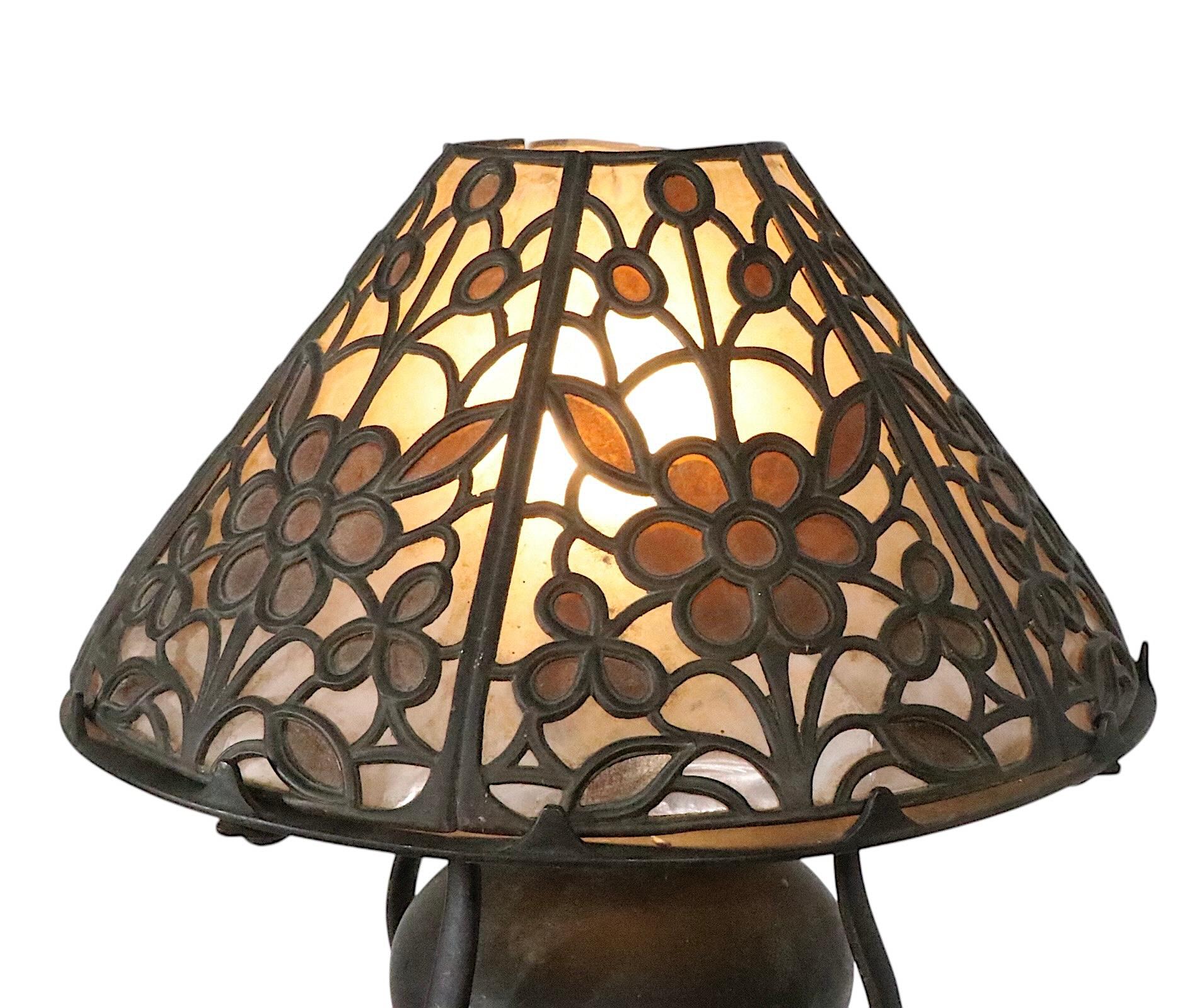 Arts and Crafts Kerosene Table Bronze Lamp with Mica Shade by Bradley & Hubbard For Sale 1