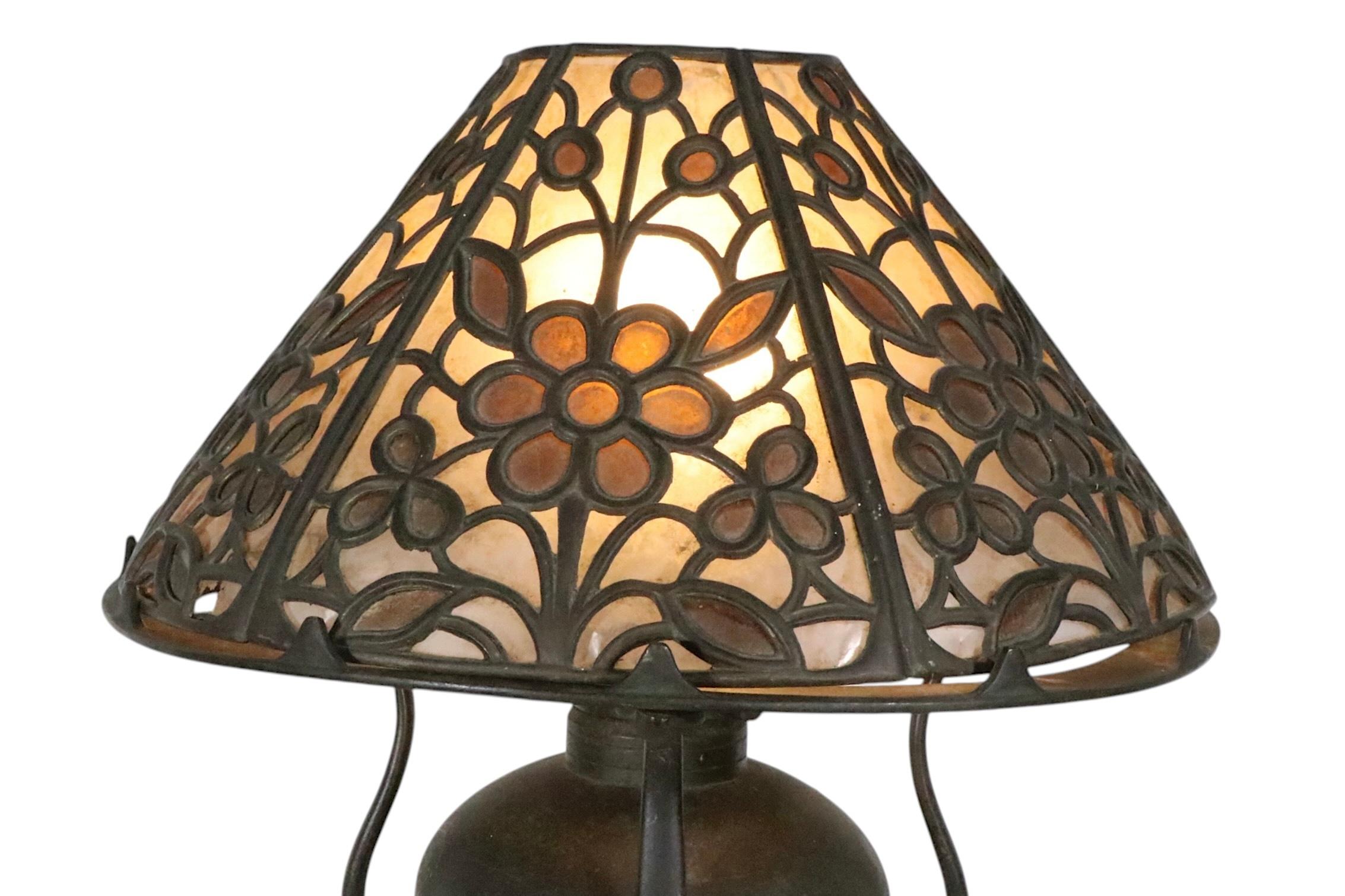 Arts and Crafts Kerosene Table Bronze Lamp with Mica Shade by Bradley & Hubbard For Sale 2