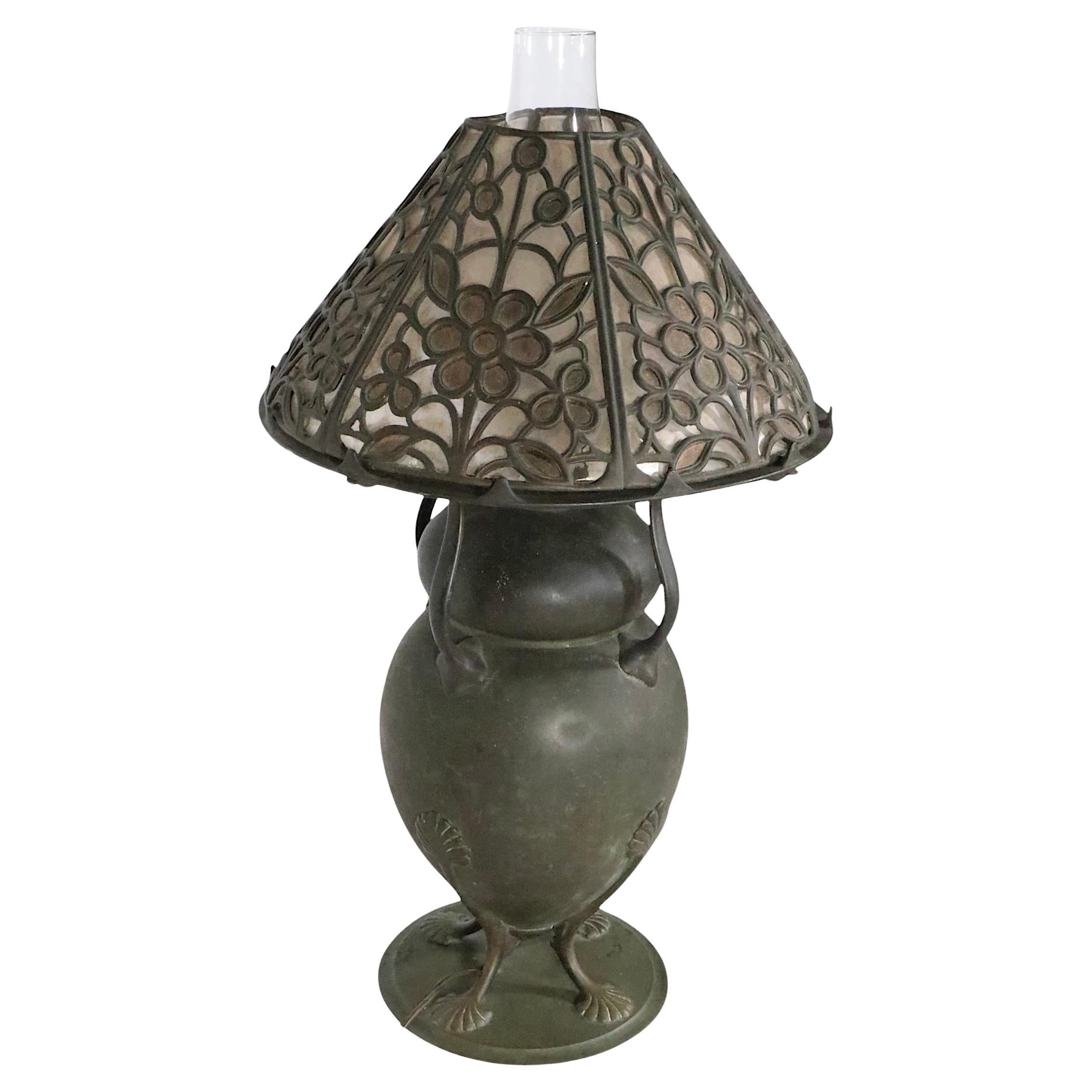 Arts and Crafts Kerosene Table Bronze Lamp with Mica Shade by Bradley & Hubbard