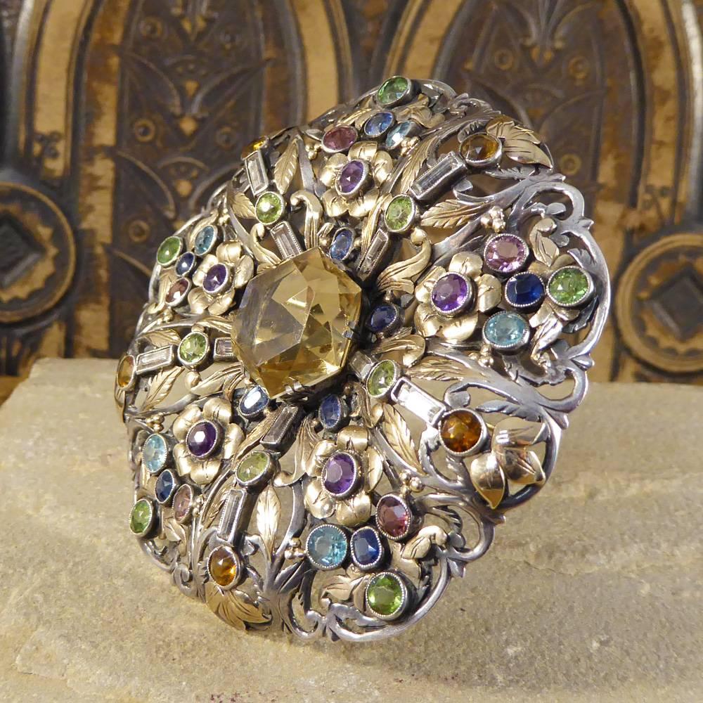 Women's Arts & Crafts Large Multi Gem Set Brooch in Both Silver and Gold
