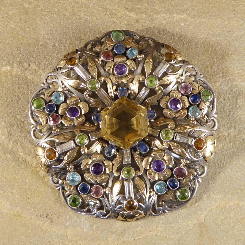 Arts & Crafts Large Multi Gem Set Brooch in Both Silver and Gold 1
