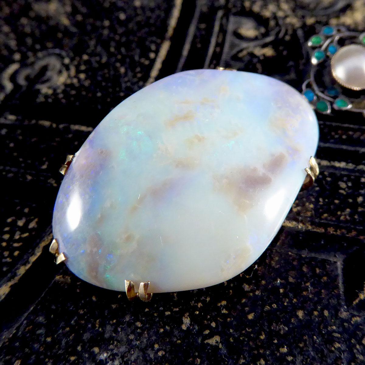 Arts & Crafts Large Opal Pendant with Decorative Pearl and Enamel Bail In Good Condition In Yorkshire, West Yorkshire