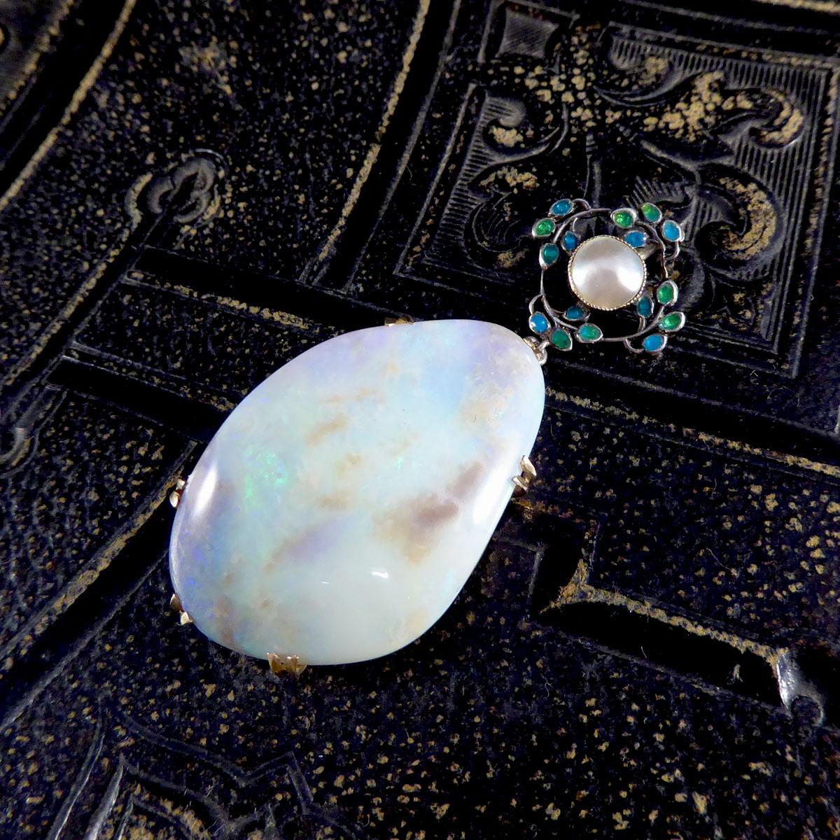 Women's or Men's Arts & Crafts Large Opal Pendant with Decorative Pearl and Enamel Bail