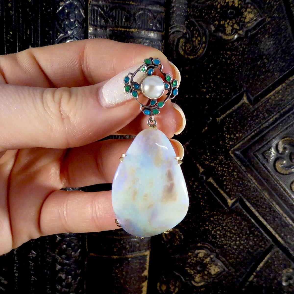Arts & Crafts Large Opal Pendant with Decorative Pearl and Enamel Bail 1