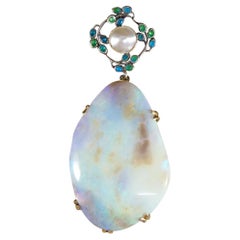 Arts & Crafts Large Opal Pendant with Decorative Pearl and Enamel Bail