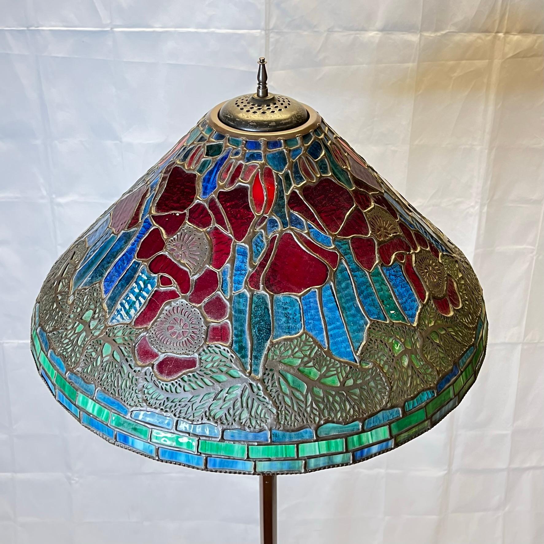 Arts and Crafts Leaded Glass Floor Lamp with Champleve Bronze Base 7