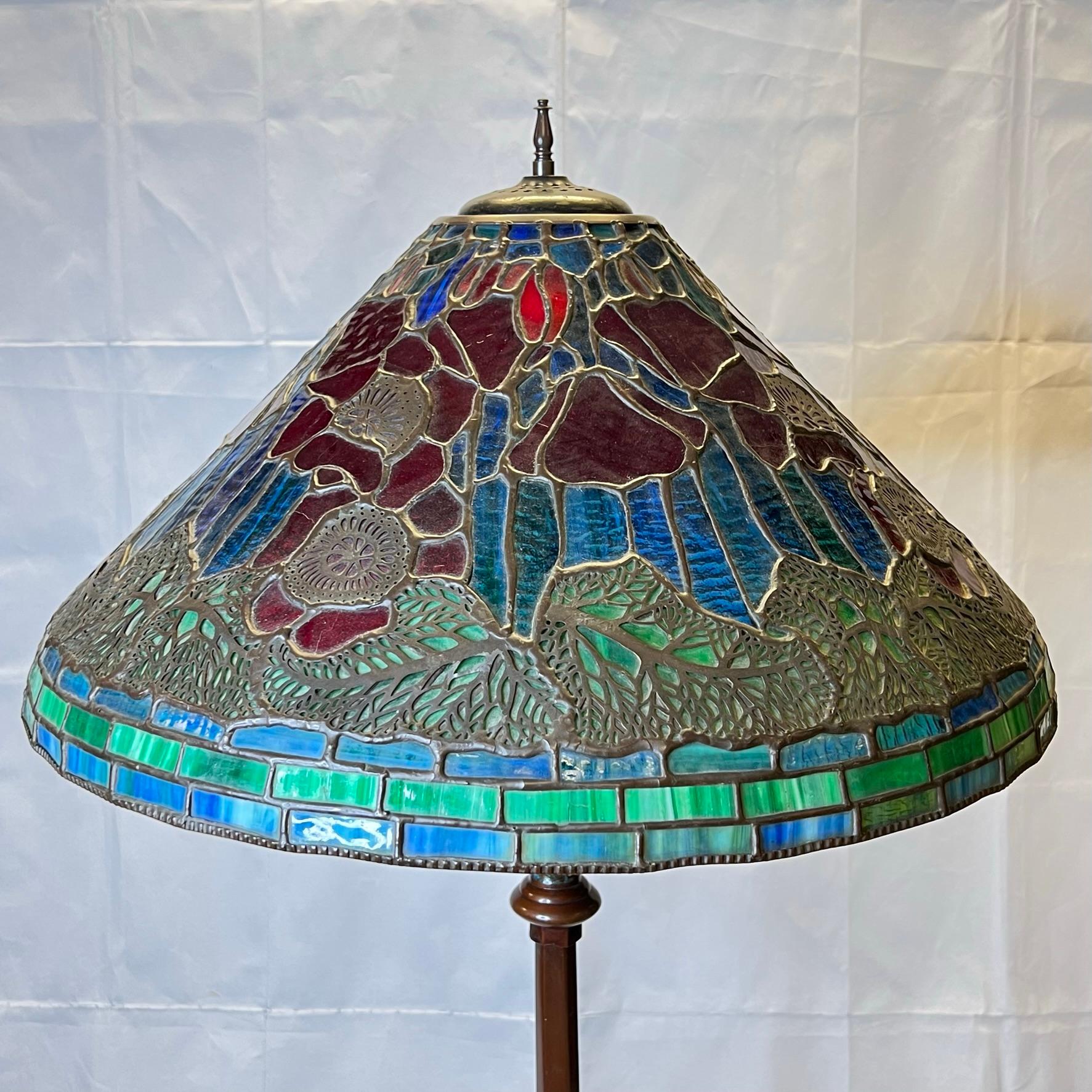 Arts and Crafts Leaded Glass Floor Lamp with Champleve Bronze Base 8
