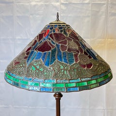 Arts and Crafts Leaded Glass Floor Lamp with Champleve Bronze Base