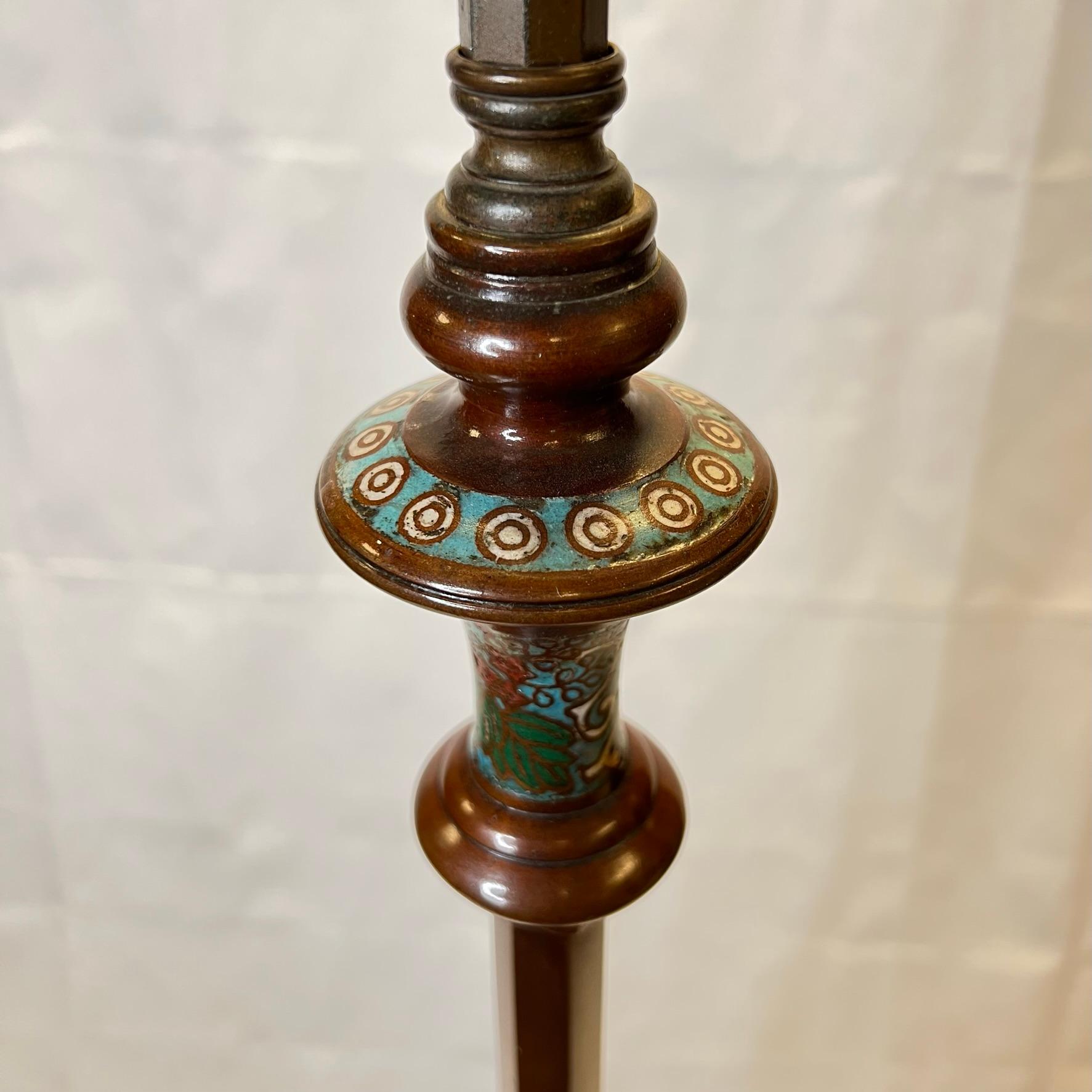 Arts and Crafts Leaded Glass Floor Lamp with Champleve Bronze Base In Good Condition In New York, NY