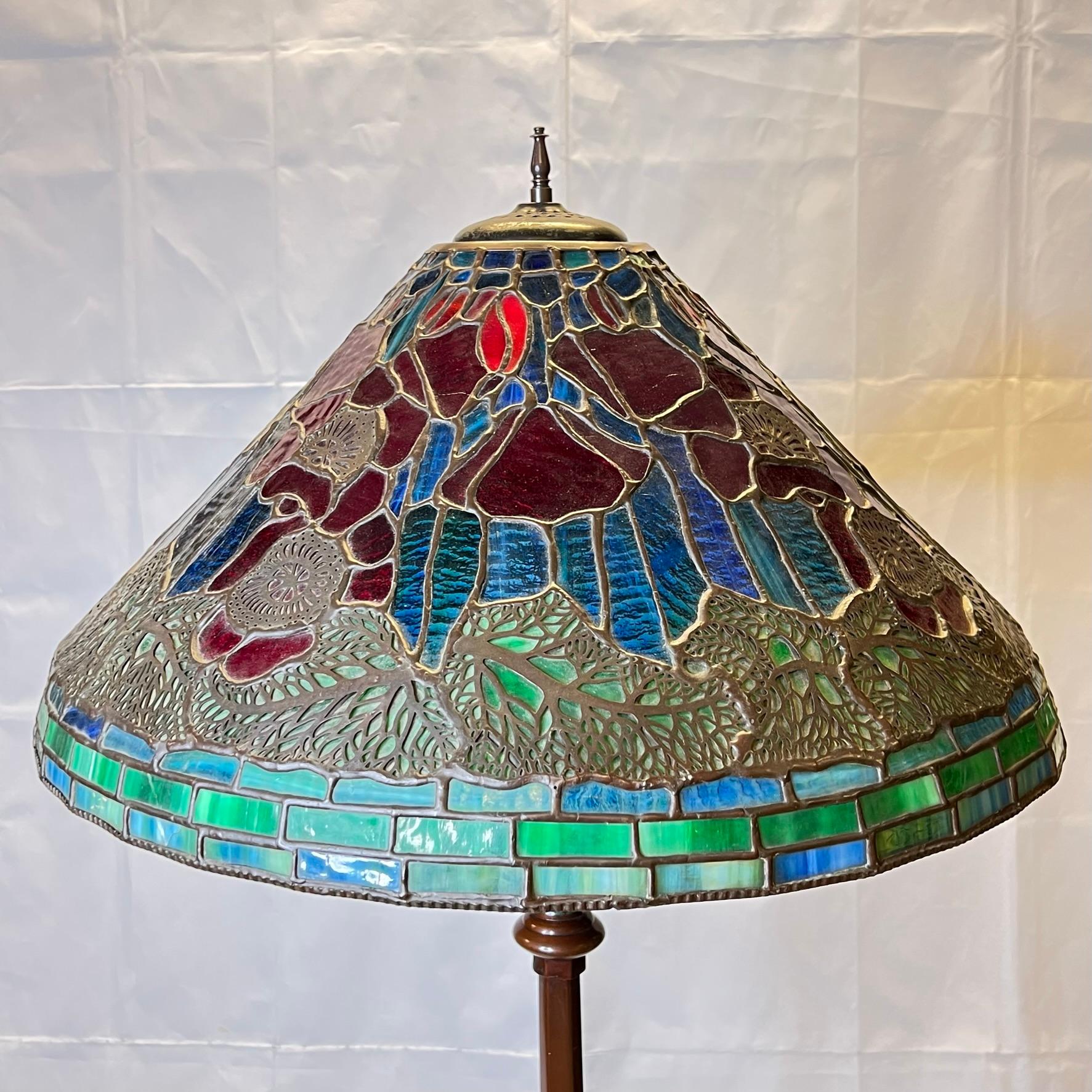 Arts and Crafts Leaded Glass Floor Lamp with Champleve Bronze Base 1