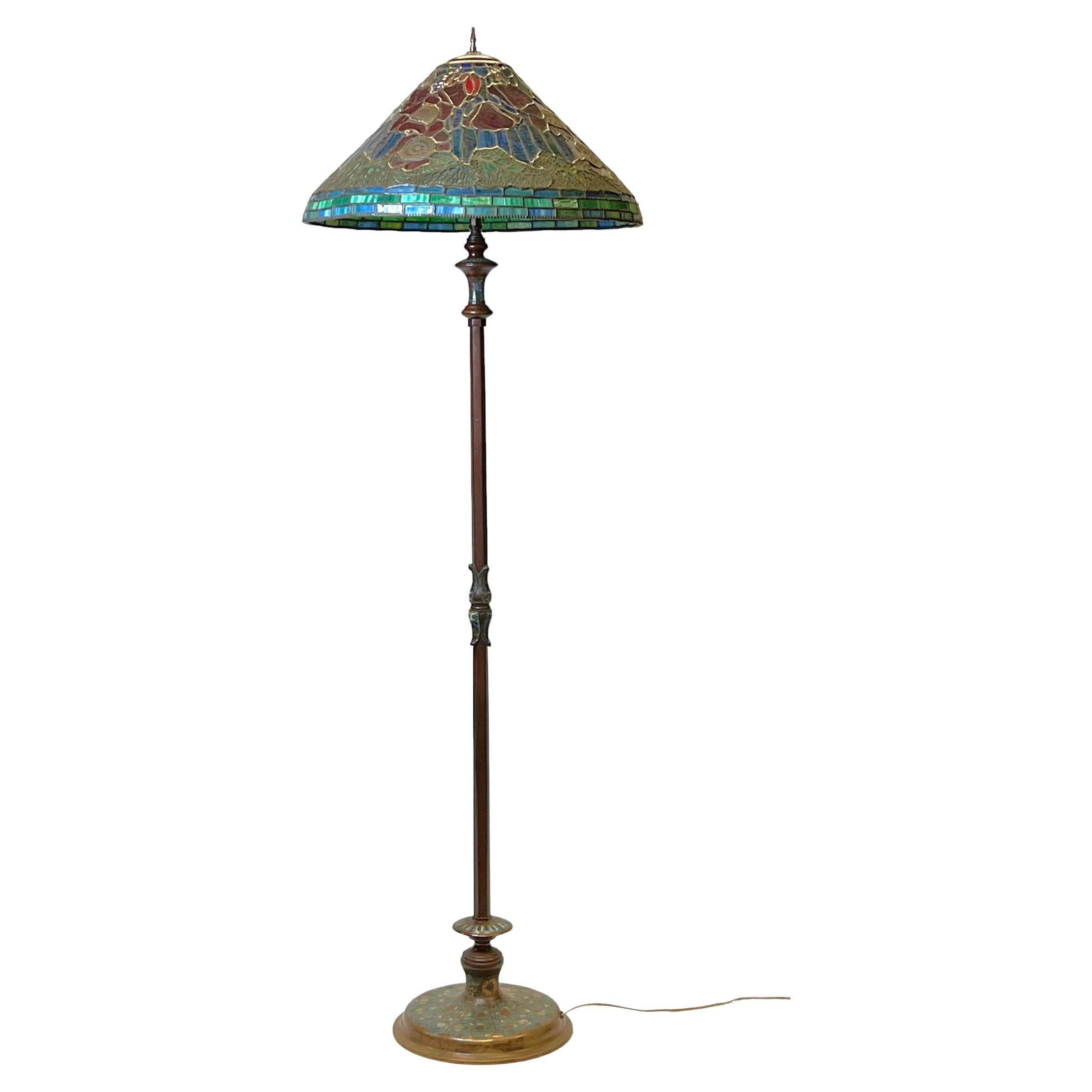 Arts and Crafts Leaded Glass Floor Lamp with Champleve Bronze Base