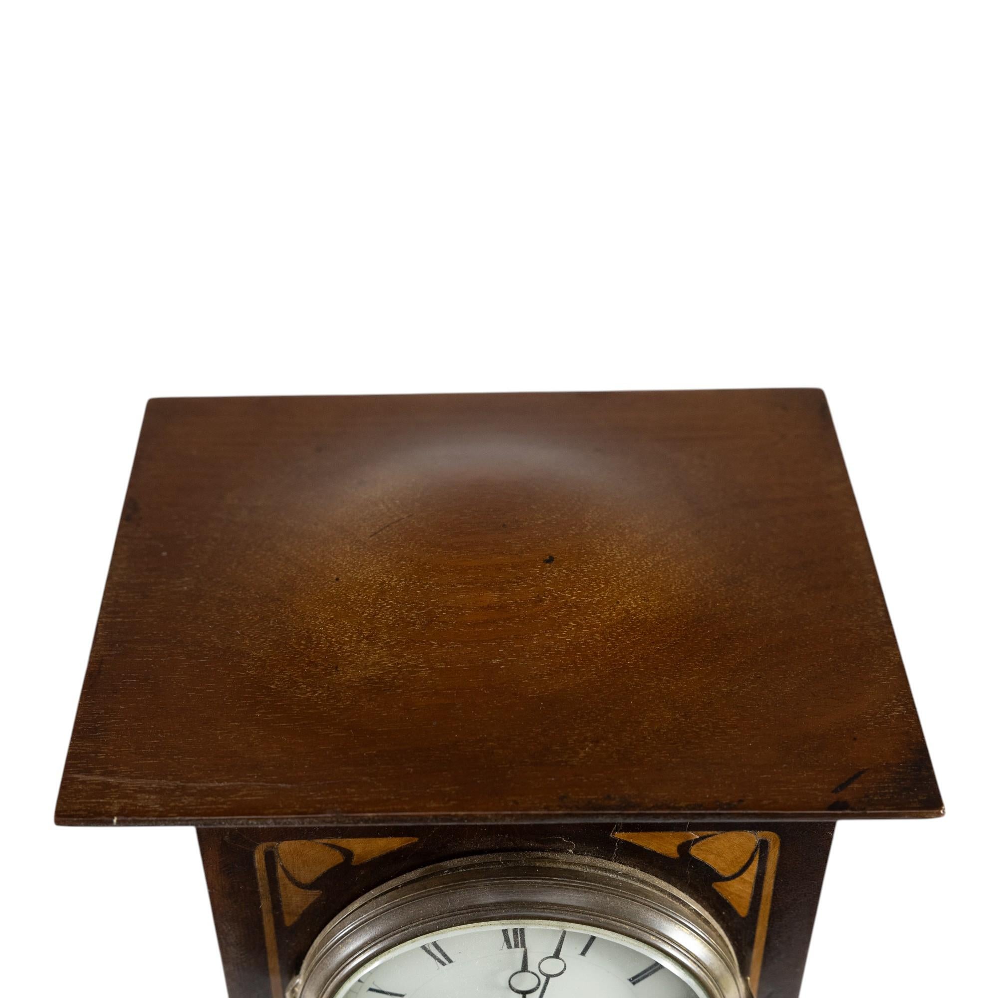Arts and Crafts Mahogany Mantle Clock with Floral Inlay by Liberty & Co. For Sale 4