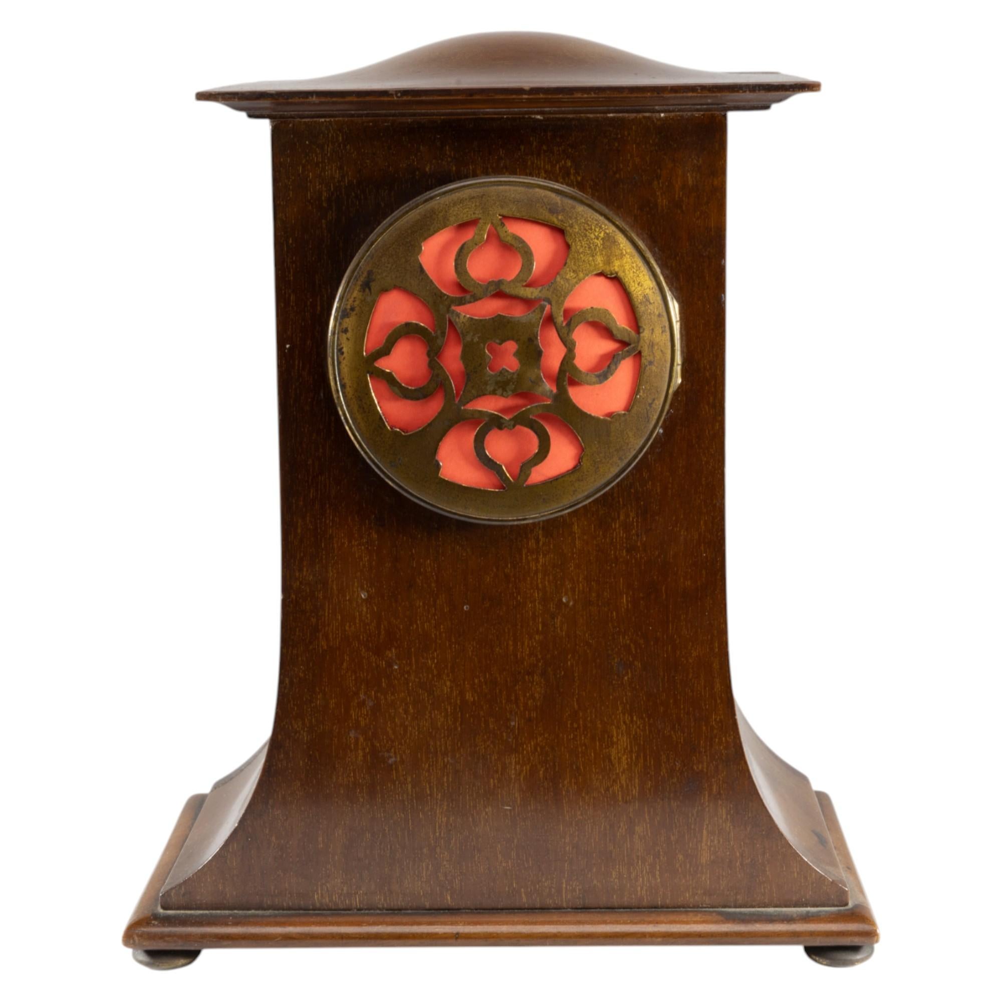 Arts and Crafts Mahogany Mantle Clock with Floral Inlay by Liberty & Co. For Sale 7