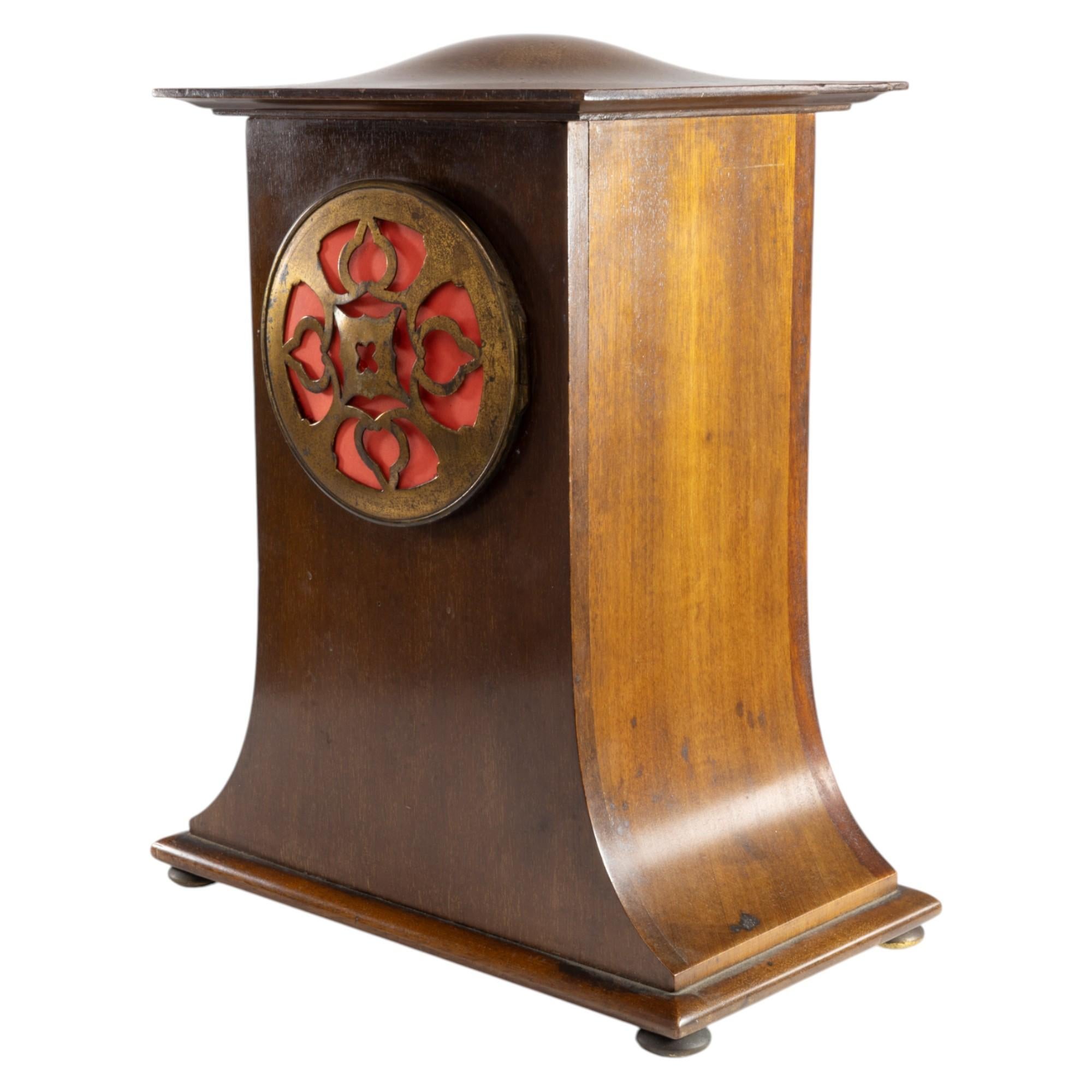 Arts and Crafts Mahogany Mantle Clock with Floral Inlay by Liberty & Co. For Sale 9