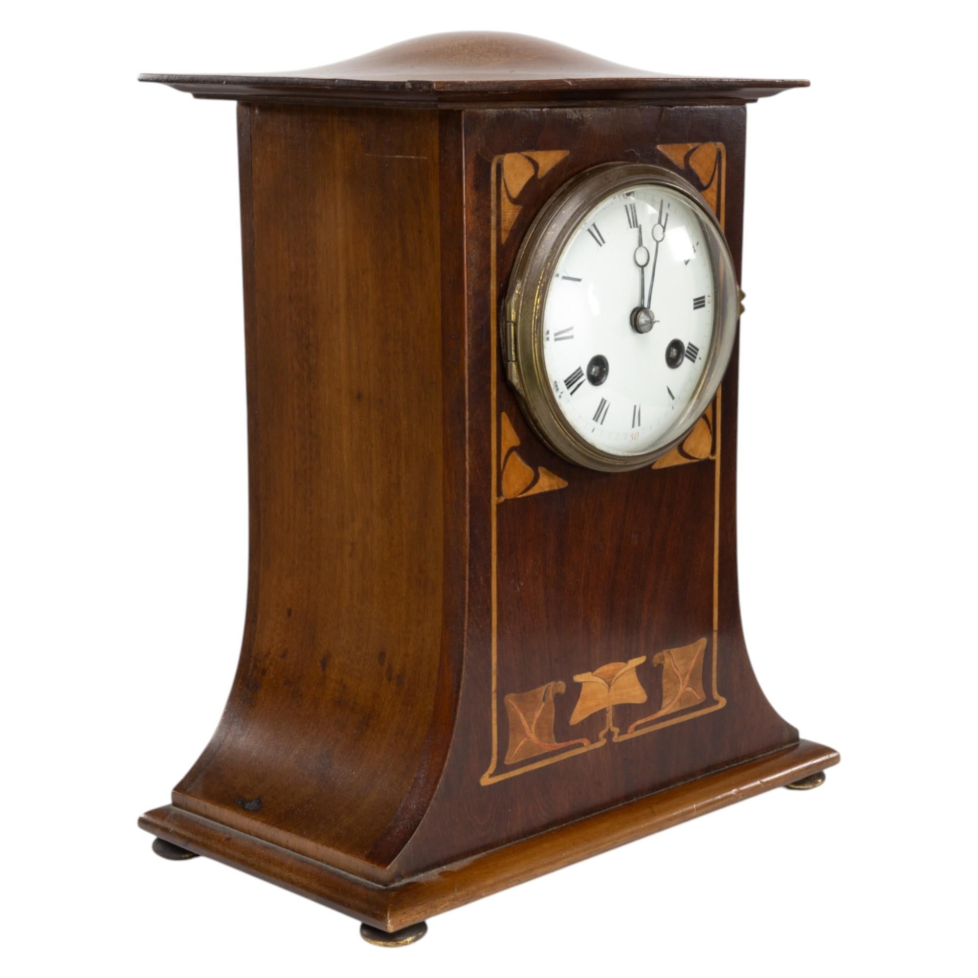 Arts and Crafts Mahogany Mantle Clock with Floral Inlay by Liberty & Co. For Sale 12