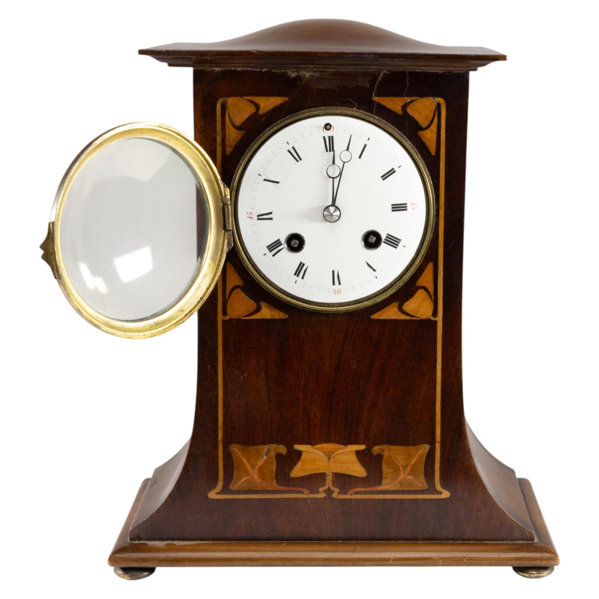 British Arts and Crafts Mahogany Mantle Clock with Floral Inlay by Liberty & Co. For Sale