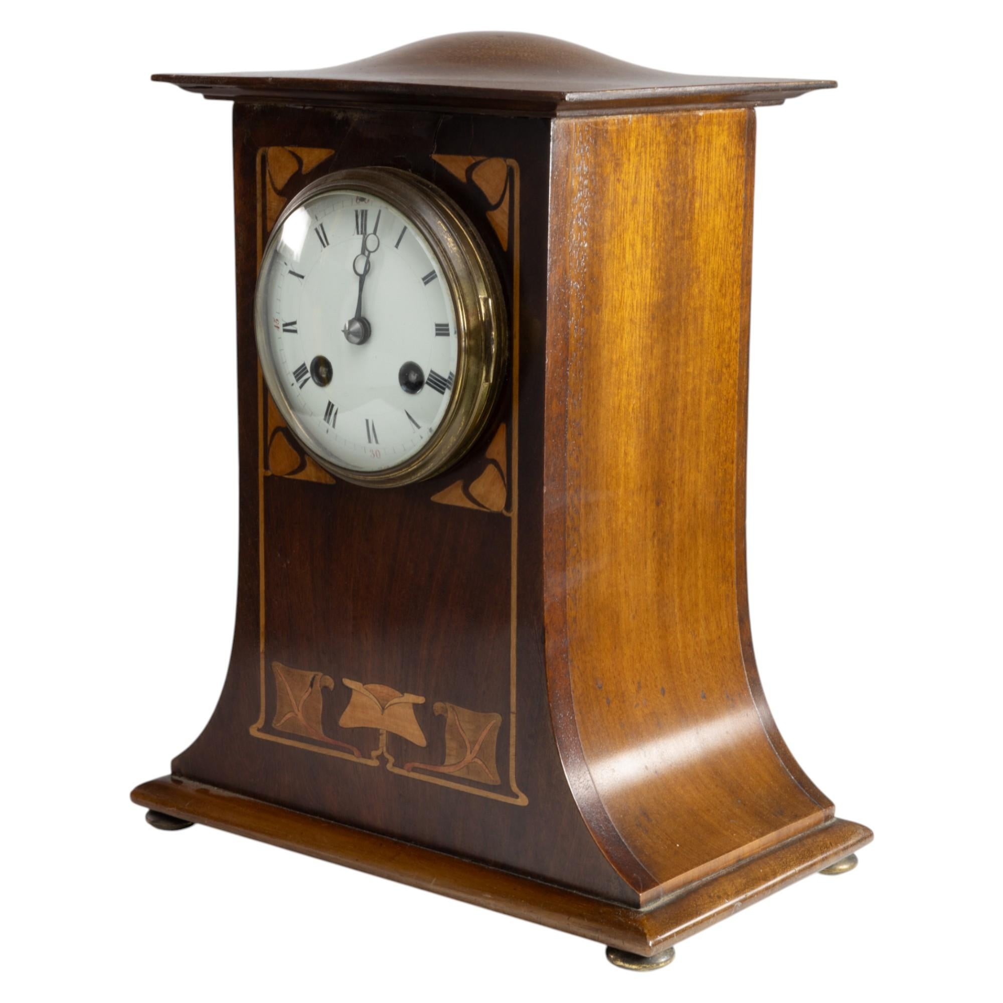 Hand-Crafted Arts and Crafts Mahogany Mantle Clock with Floral Inlay by Liberty & Co. For Sale
