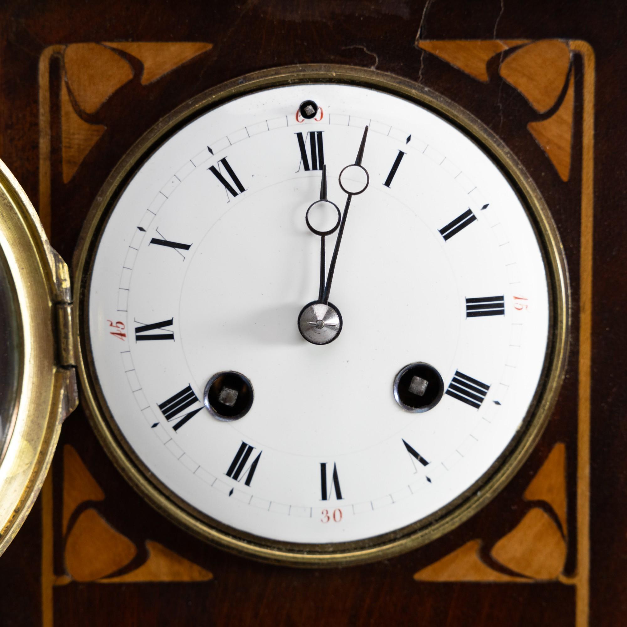 20th Century Arts and Crafts Mahogany Mantle Clock with Floral Inlay by Liberty & Co. For Sale