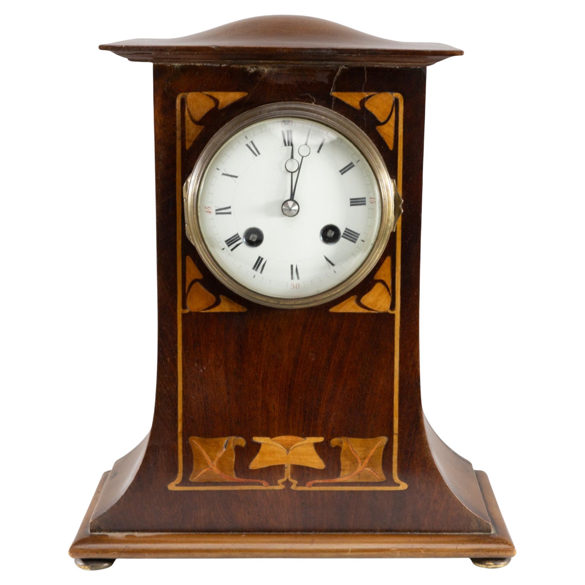 Arts and Crafts Mahogany Mantle Clock with Floral Inlay by Liberty & Co. For Sale