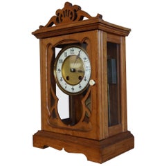 Arts and Crafts Mantel or Table Clock of Fruitwood & Glass w. Enameled Dial Face
