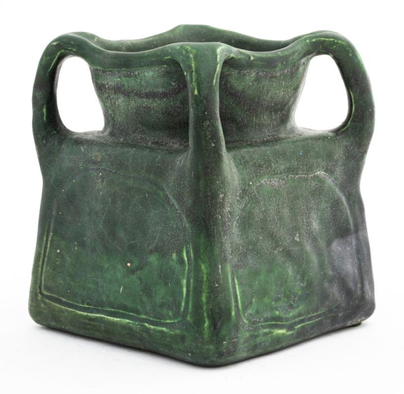 American Arts and Crafts Matte Green Square Pottery Vase, with four handles and squared base, unsigned. 6.5