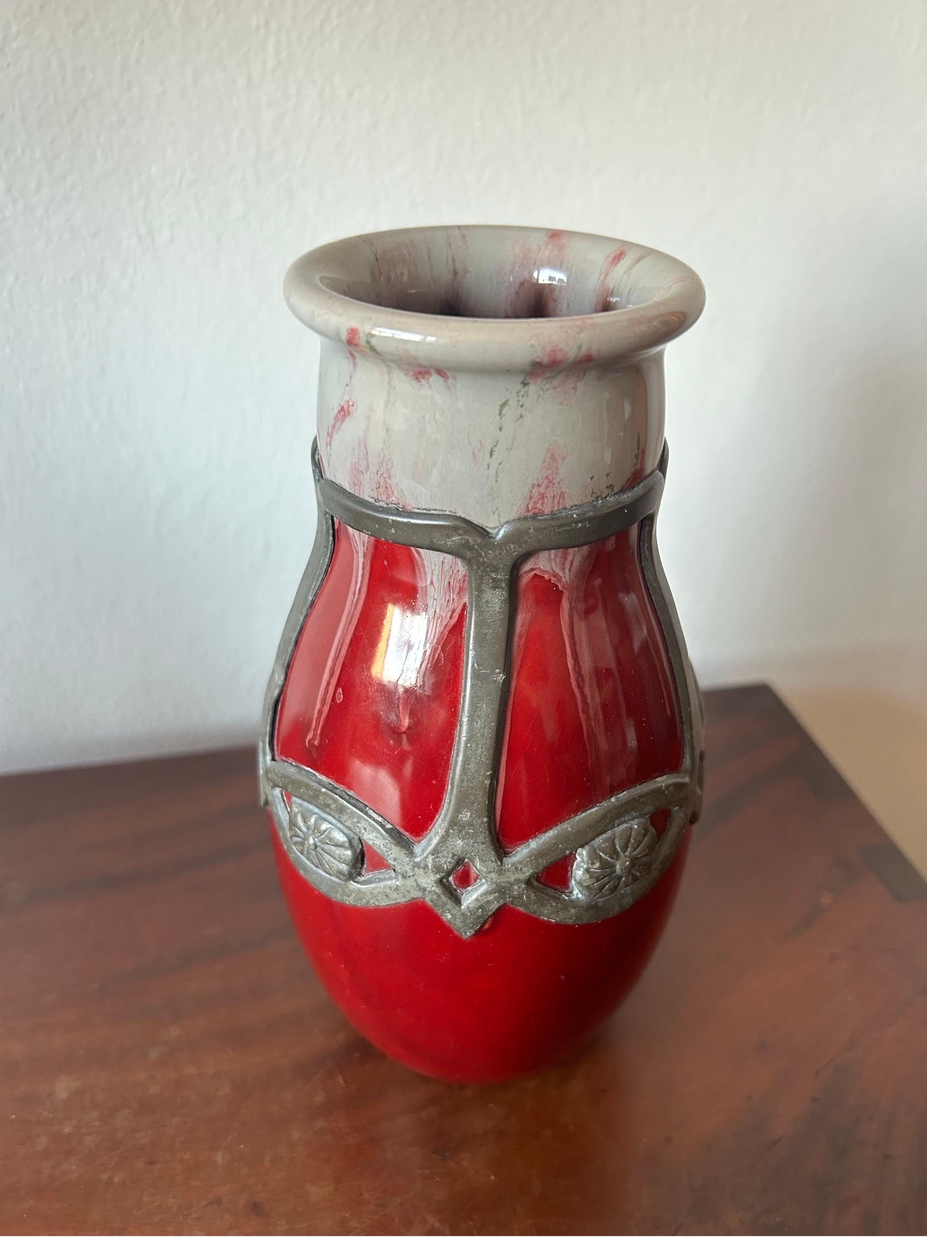 Glazed Arts and Crafts Michael Andersen & Son Vase with Pewter, Denmark 1890’s. For Sale