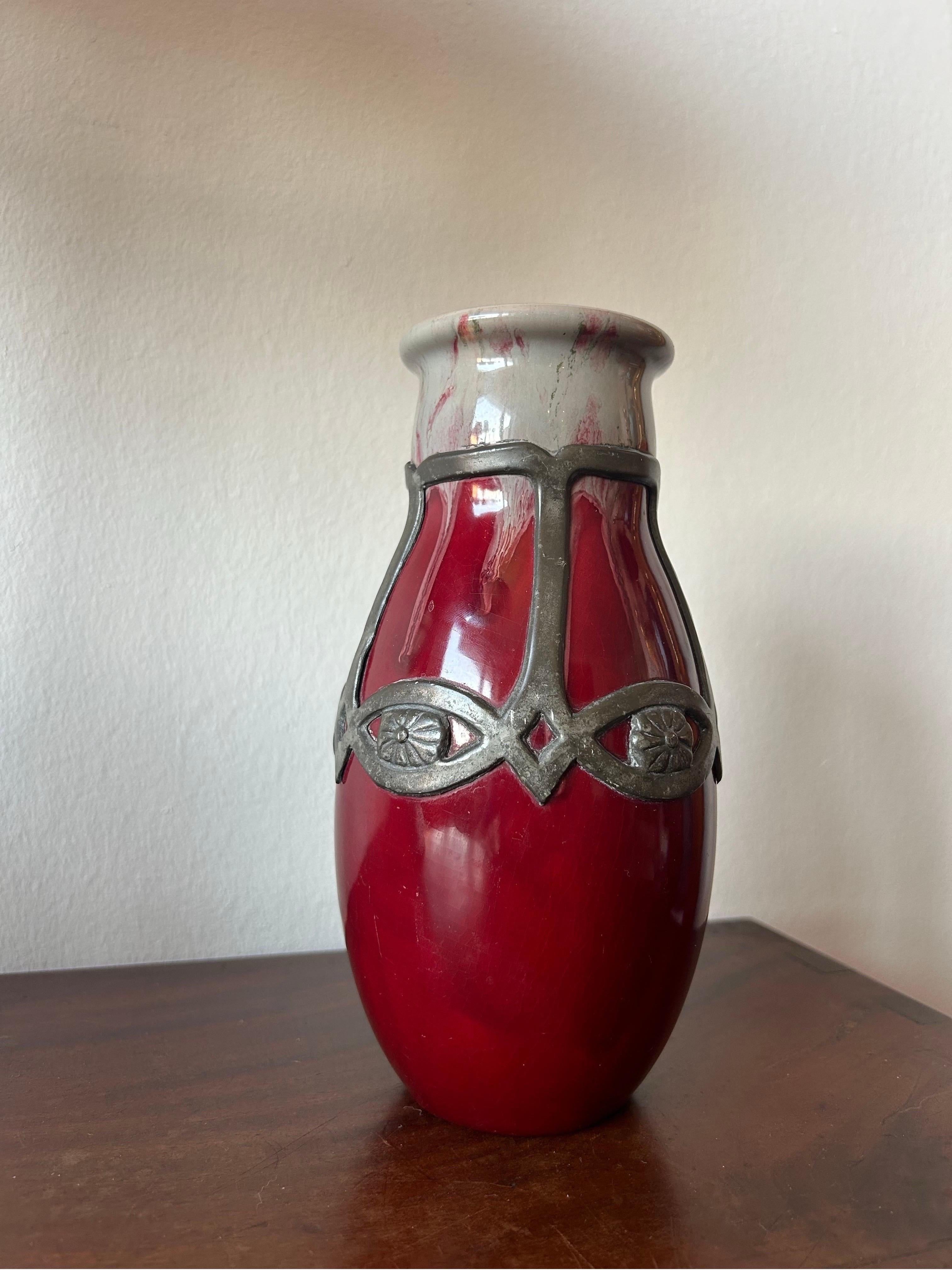 Arts and Crafts Michael Andersen & Son Vase with Pewter, Denmark 1890’s. In Good Condition For Sale In Valby, 84