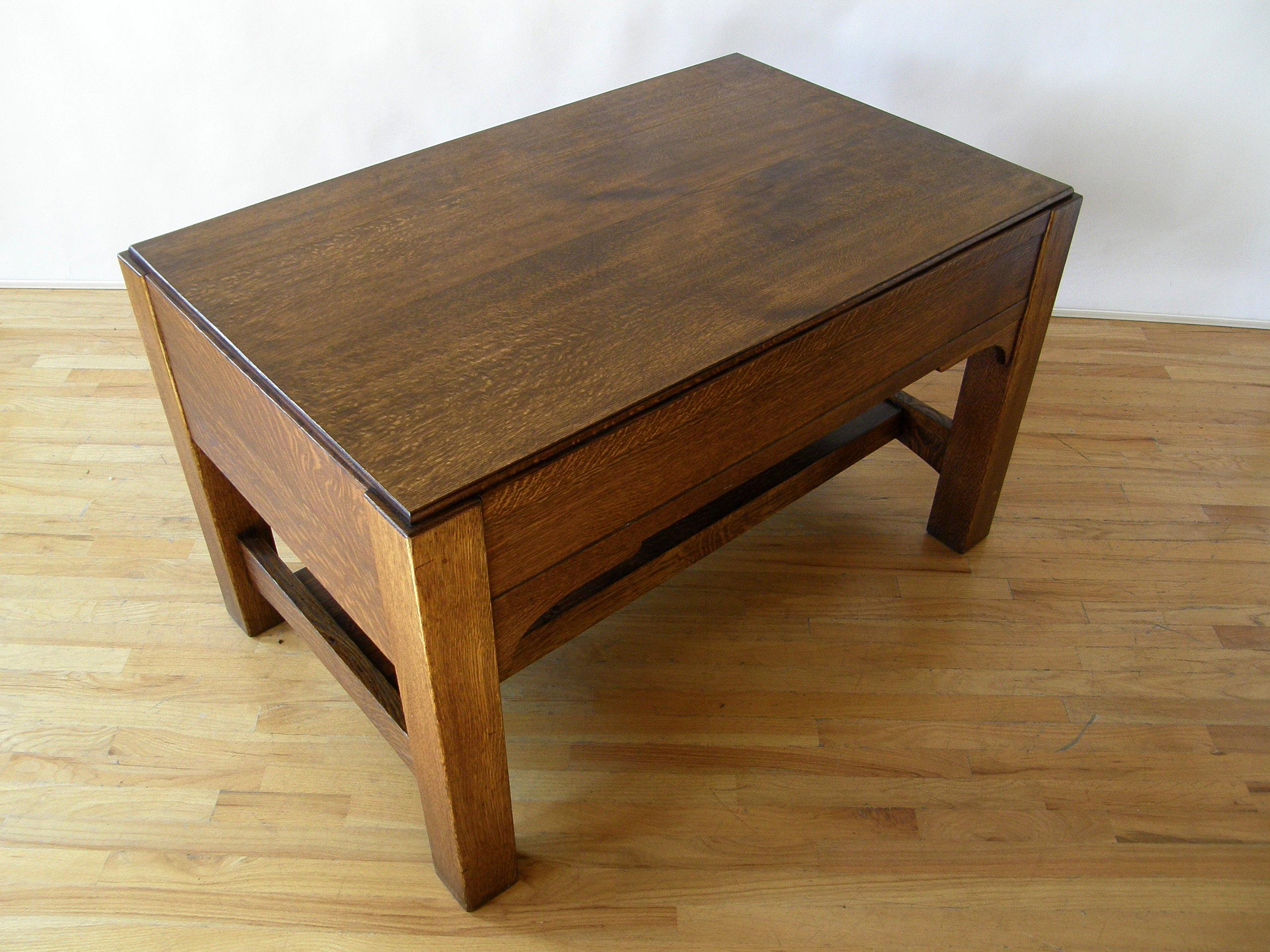 Early 20th Century Arts and Crafts Mission Oak Library Table Desk with Drawer and Brass Hardware